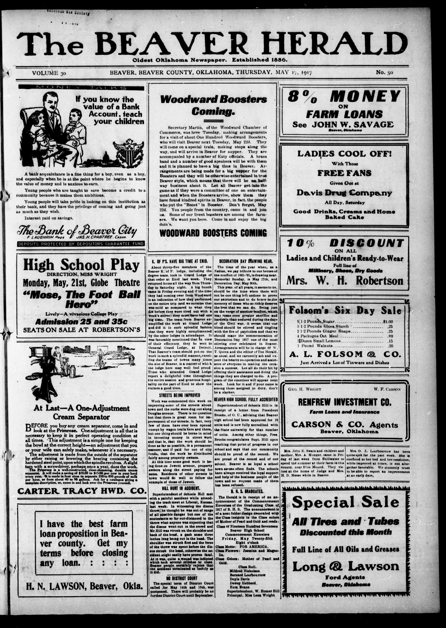 The Beaver Herald (Beaver, Okla.), Vol. 30, No. 50, Ed. 1, Thursday, May 17, 1917
                                                
                                                    [Sequence #]: 1 of 12
                                                