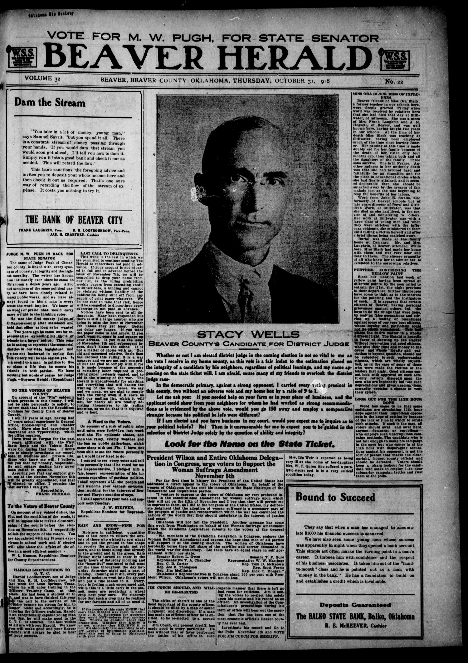 Beaver Herald (Beaver, Okla.), Vol. 32, No. 22, Ed. 1, Thursday, October 31, 1918
                                                
                                                    [Sequence #]: 1 of 12
                                                