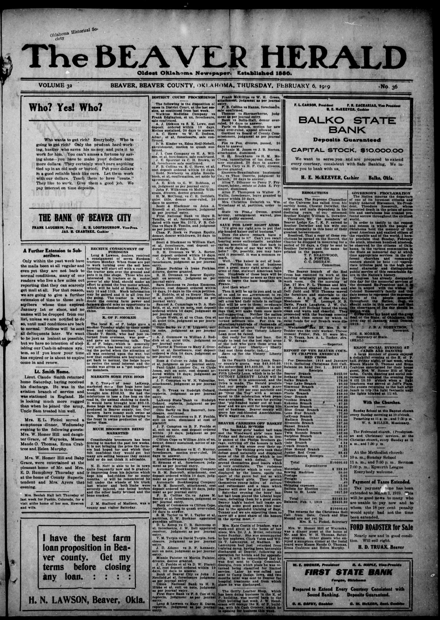 The Beaver Herald (Beaver, Okla.), Vol. 32, No. 36, Ed. 1, Thursday, February 6, 1919
                                                
                                                    [Sequence #]: 1 of 8
                                                