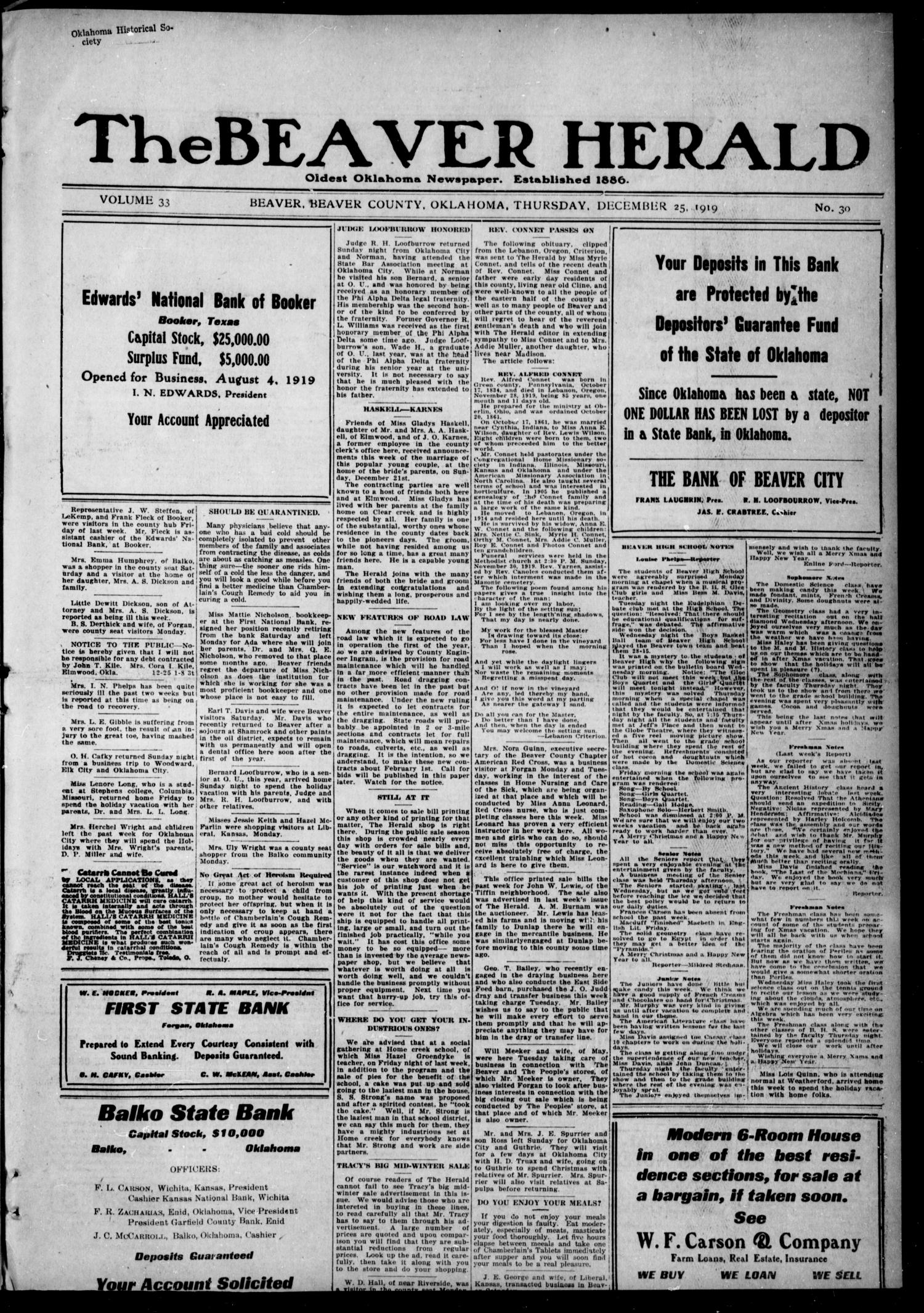The Beaver Herald (Beaver, Okla.), Vol. 33, No. 30, Ed. 1, Thursday, December 25, 1919
                                                
                                                    [Sequence #]: 1 of 8
                                                