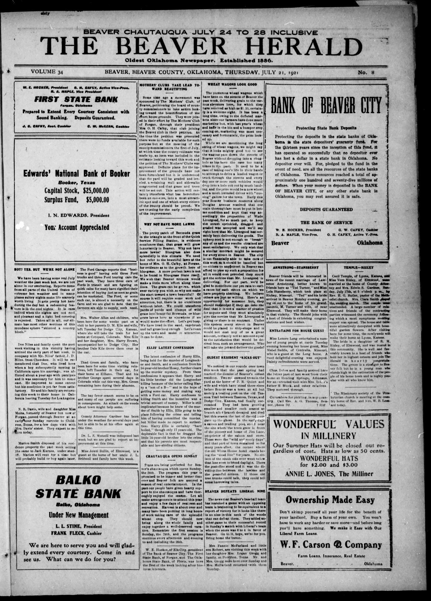 The Beaver Herald (Beaver, Okla.), Vol. 34, No. 8, Ed. 1, Thursday, July 21, 1921
                                                
                                                    [Sequence #]: 1 of 8
                                                