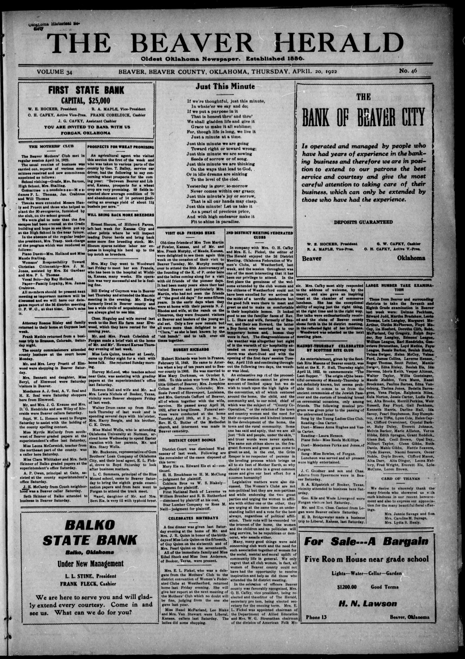 The Beaver Herald (Beaver, Okla.), Vol. 34, No. 46, Ed. 1, Thursday, April 20, 1922
                                                
                                                    [Sequence #]: 1 of 12
                                                