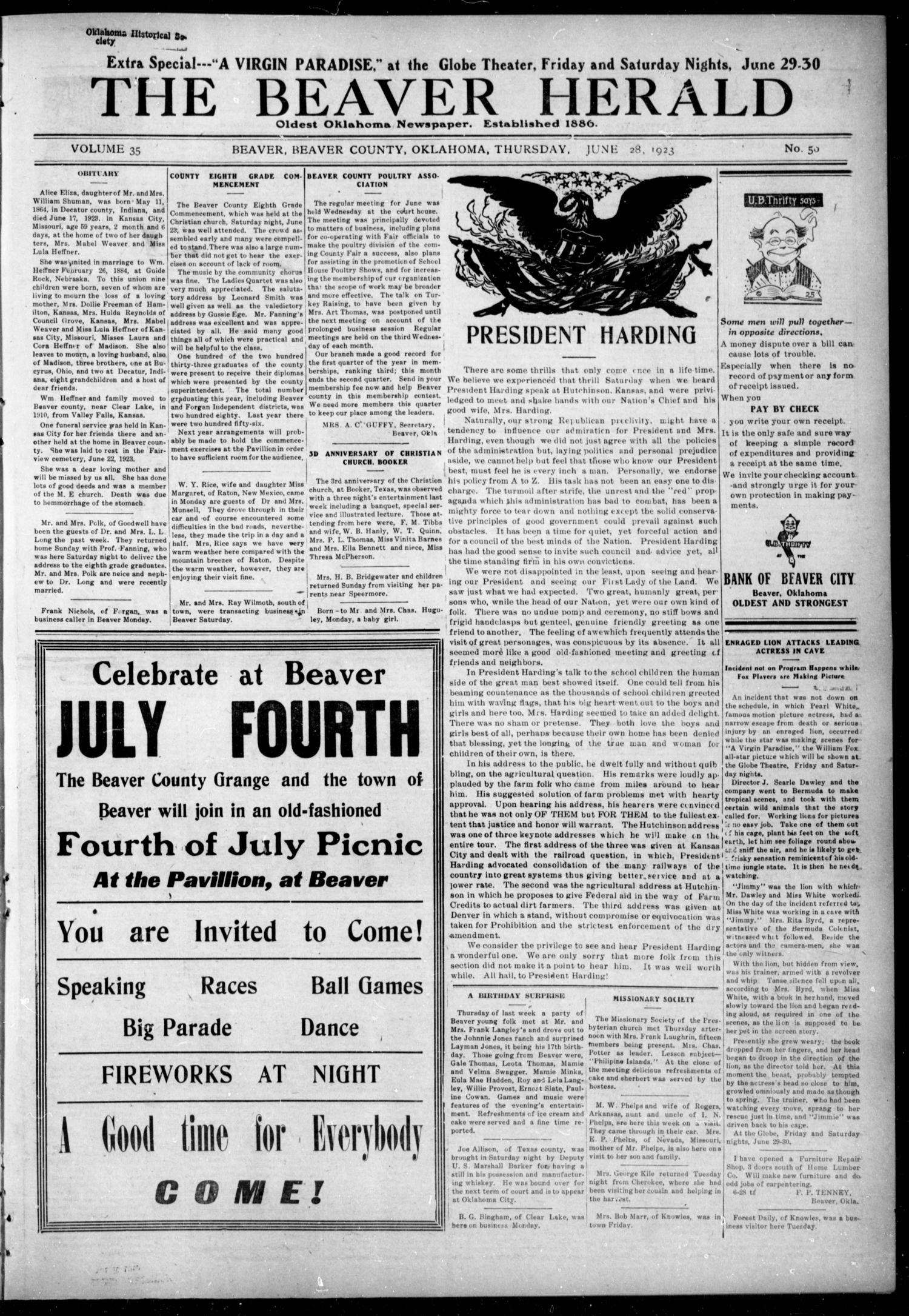 The Beaver Herald (Beaver, Okla.), Vol. 35, No. 50, Ed. 1, Thursday, June 28, 1923
                                                
                                                    [Sequence #]: 1 of 8
                                                