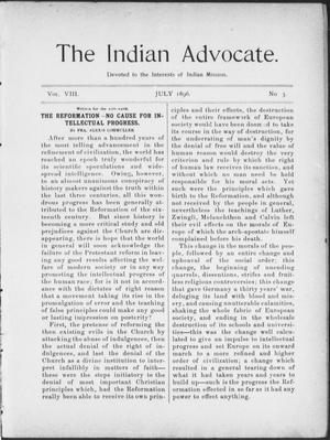 Primary view of object titled 'The Indian Advocate. (Sacred Heart Mission, Okla. Terr.), Vol. 8, No. 3, Ed. 1, Wednesday, July 1, 1896'.