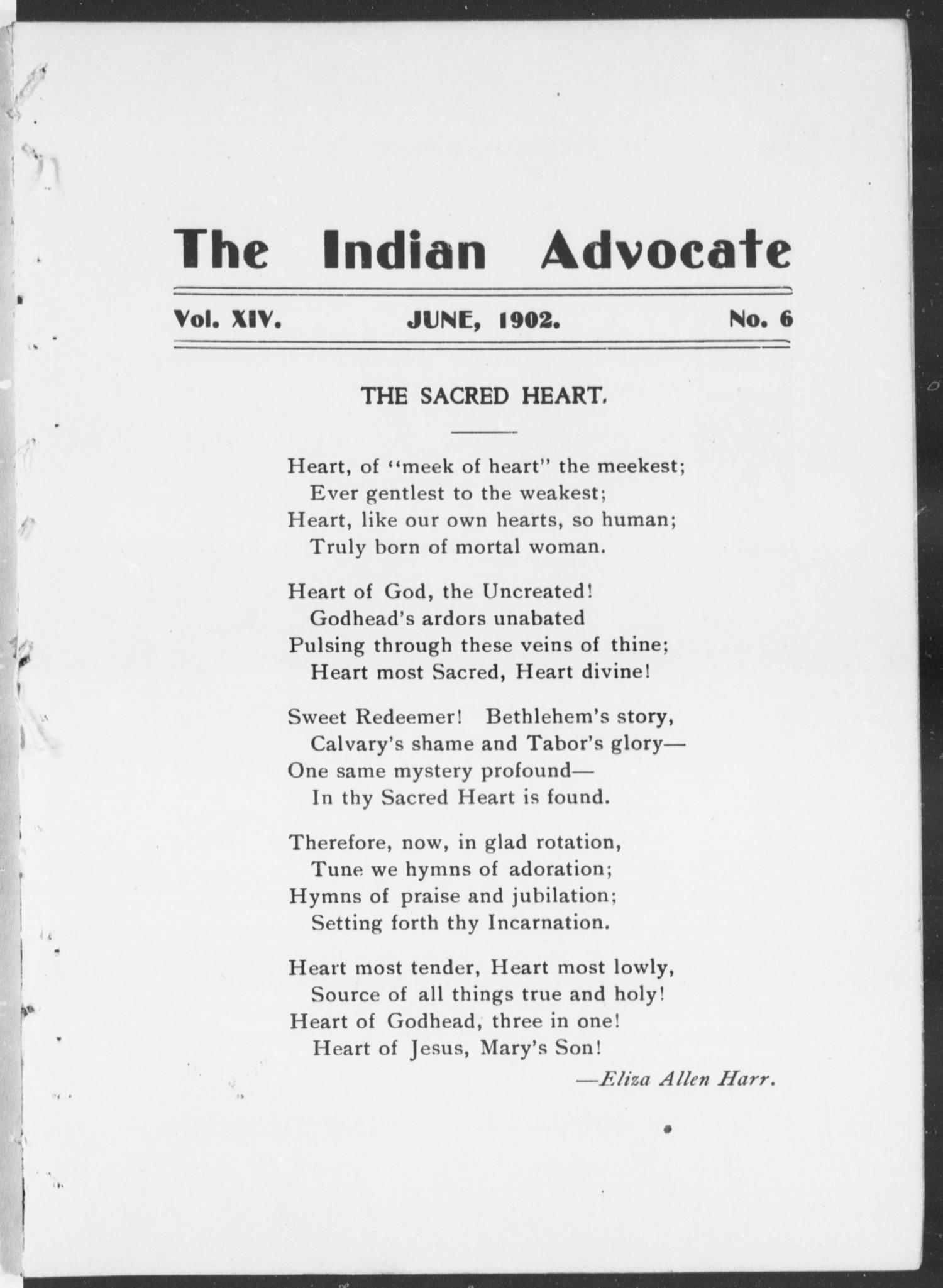 The Indian Advocate (Sacred Heart Mission, Okla. Terr.), Vol. 14, No. 6, Ed. 1, Sunday, June 1, 1902
                                                
                                                    [Sequence #]: 1 of 32
                                                