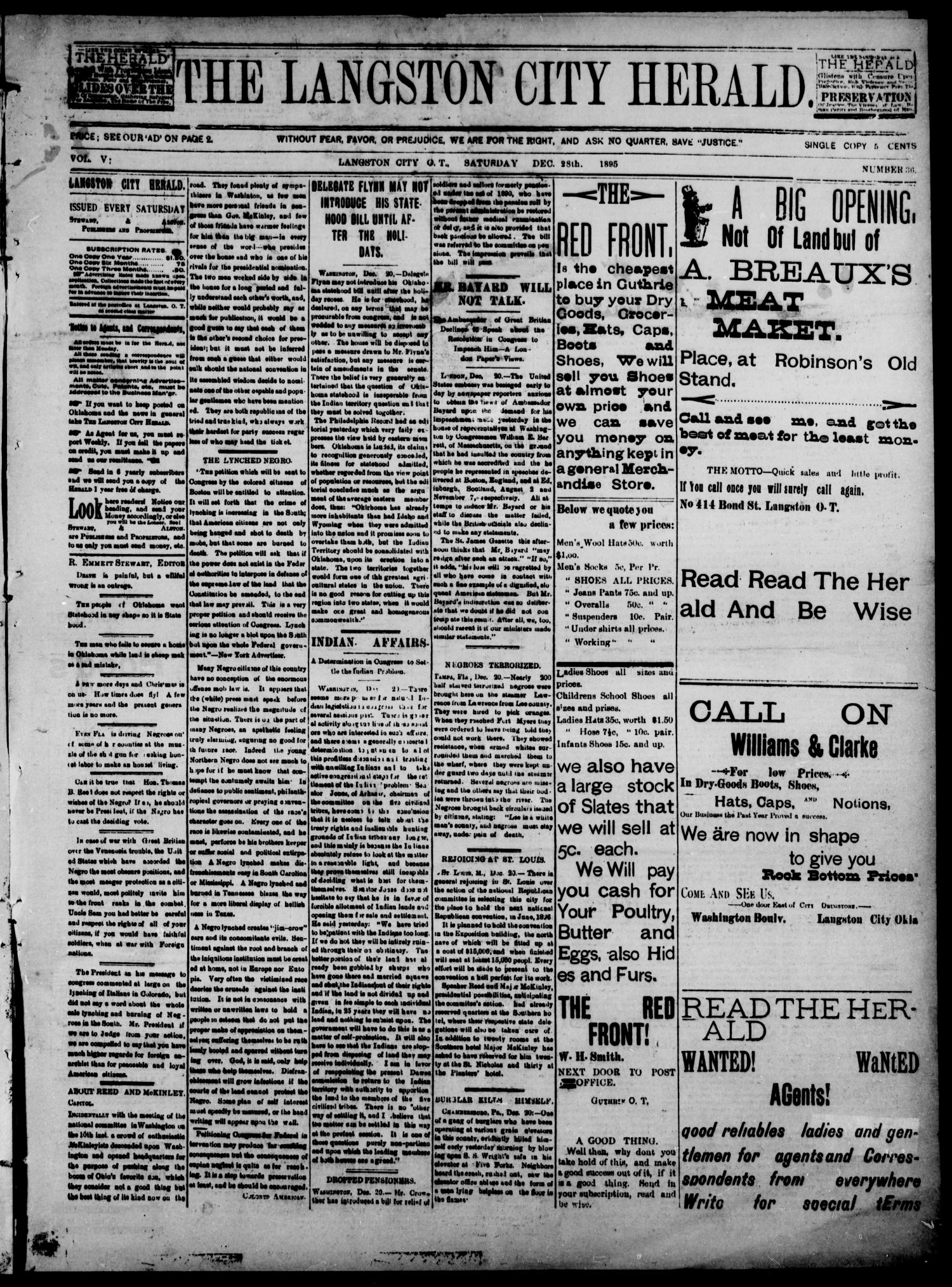 The Langston City Herald. (Langston City, Okla. Terr.), Vol. 5, No. 36, Ed. 1, Saturday, December 28, 1895
                                                
                                                    [Sequence #]: 1 of 4
                                                