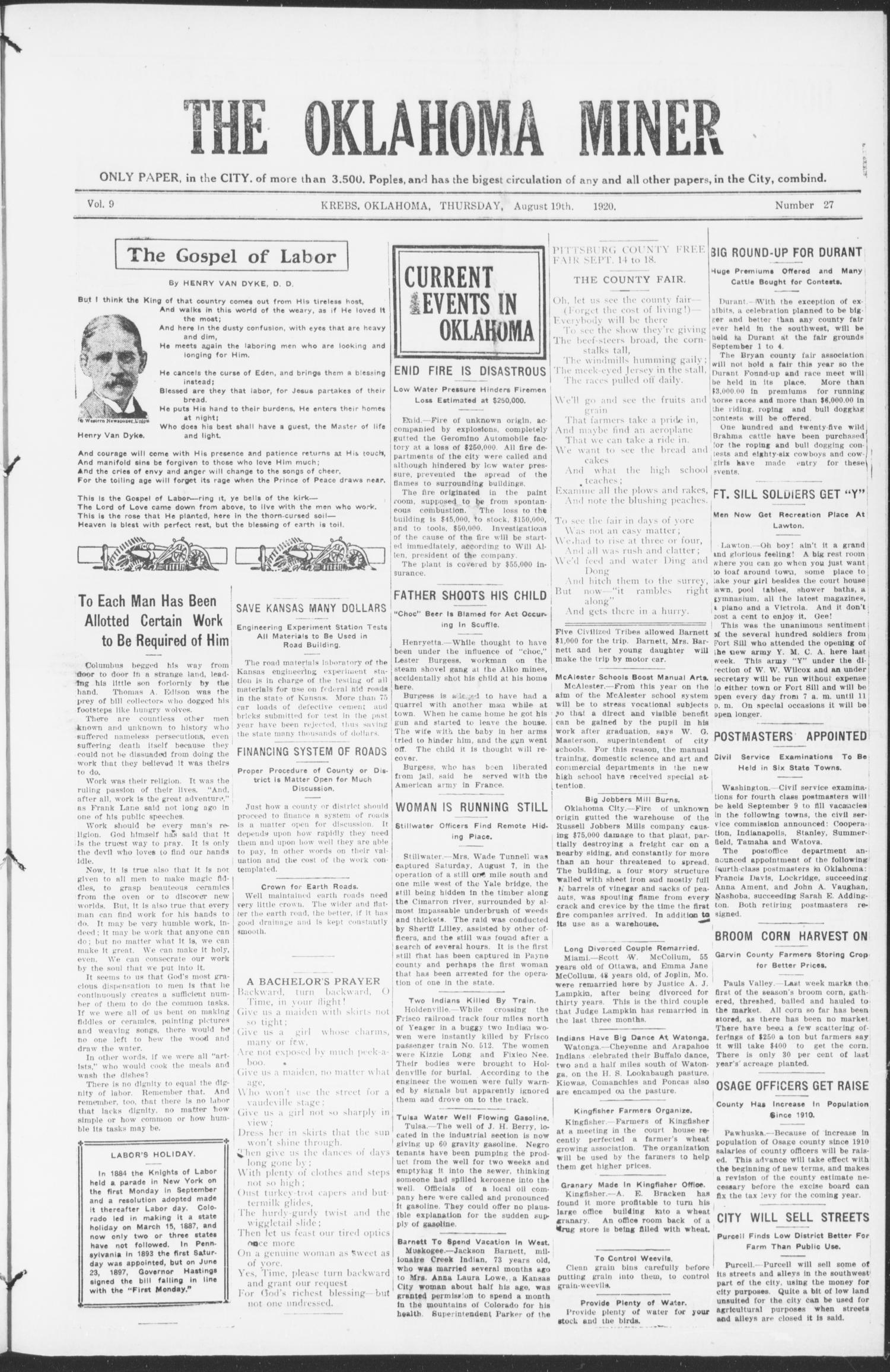 The Oklahoma Miner (Krebs, Okla.), Vol. 9, No. 27, Ed. 1, Thursday, August 19, 1920
                                                
                                                    [Sequence #]: 1 of 8
                                                