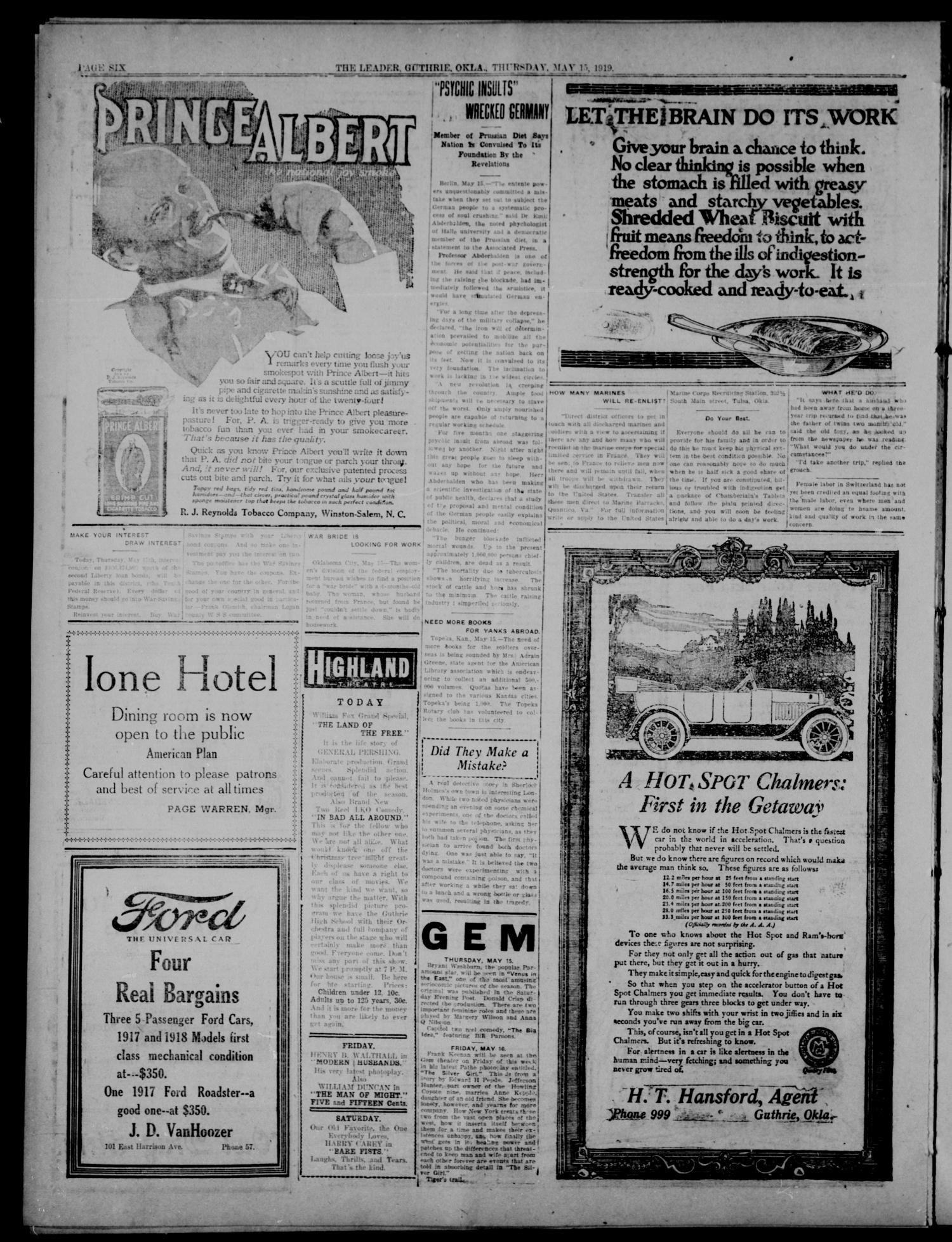 The Guthrie Daily Leader. (Guthrie, Okla.), Vol. 52, No. 72, Ed. 1 Thursday, May 15, 1919
                                                
                                                    [Sequence #]: 6 of 8
                                                