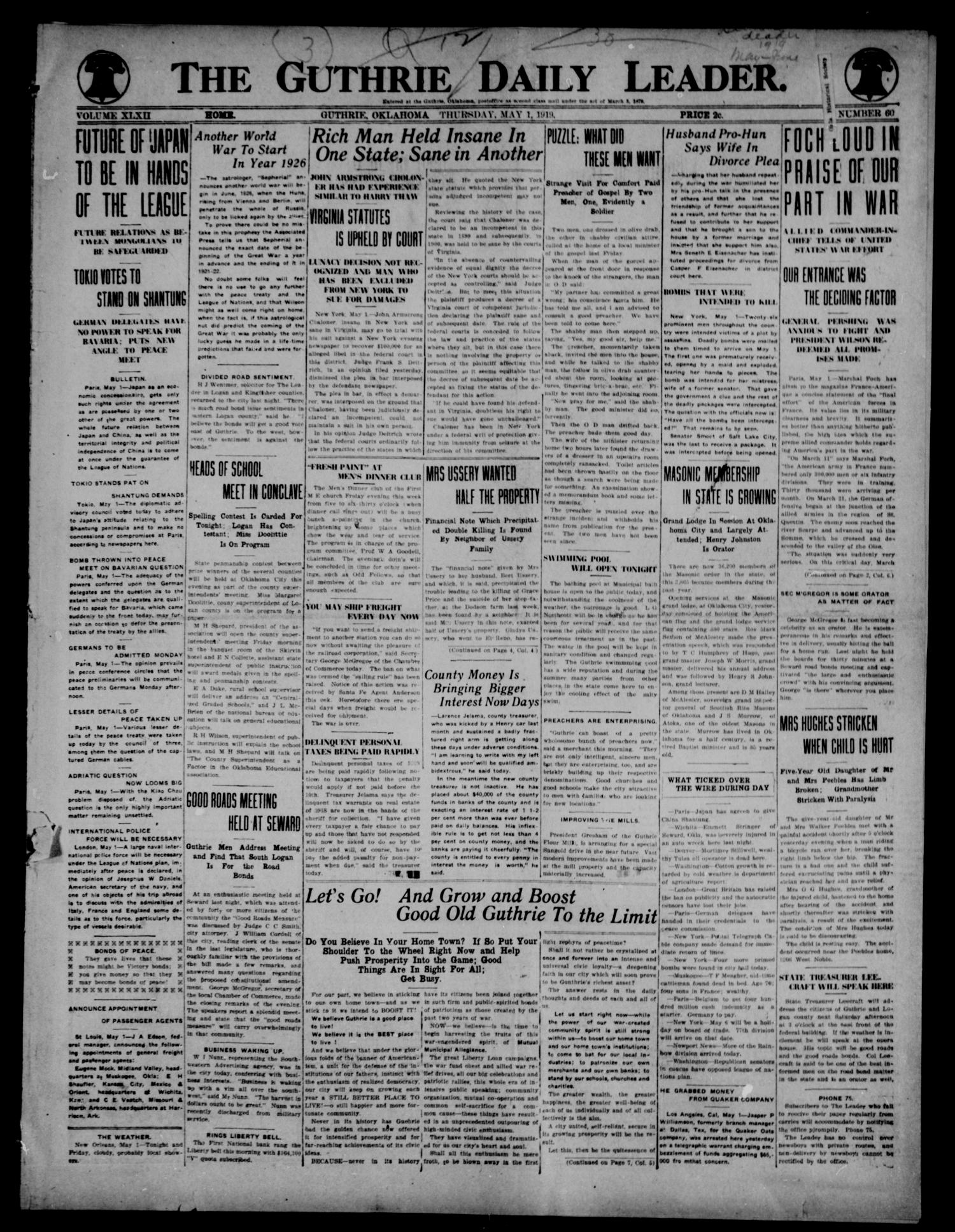 The Guthrie Daily Leader. (Guthrie, Okla.), Vol. 52, No. 60, Ed. 1 Thursday, May 1, 1919
                                                
                                                    [Sequence #]: 1 of 8
                                                