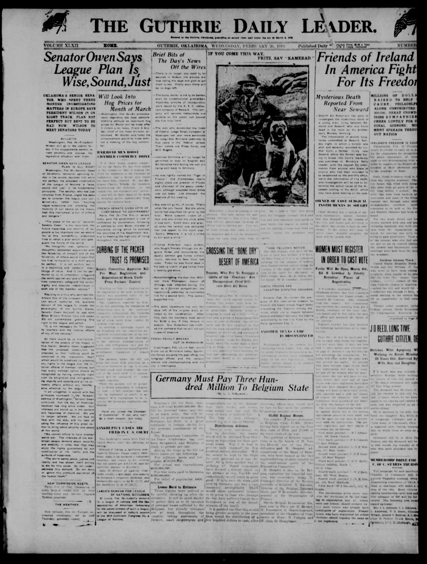 The Guthrie Daily Leader. (Guthrie, Okla.), Vol. 52, No. 9, Ed. 1 Wednesday, February 26, 1919
                                                
                                                    [Sequence #]: 1 of 8
                                                