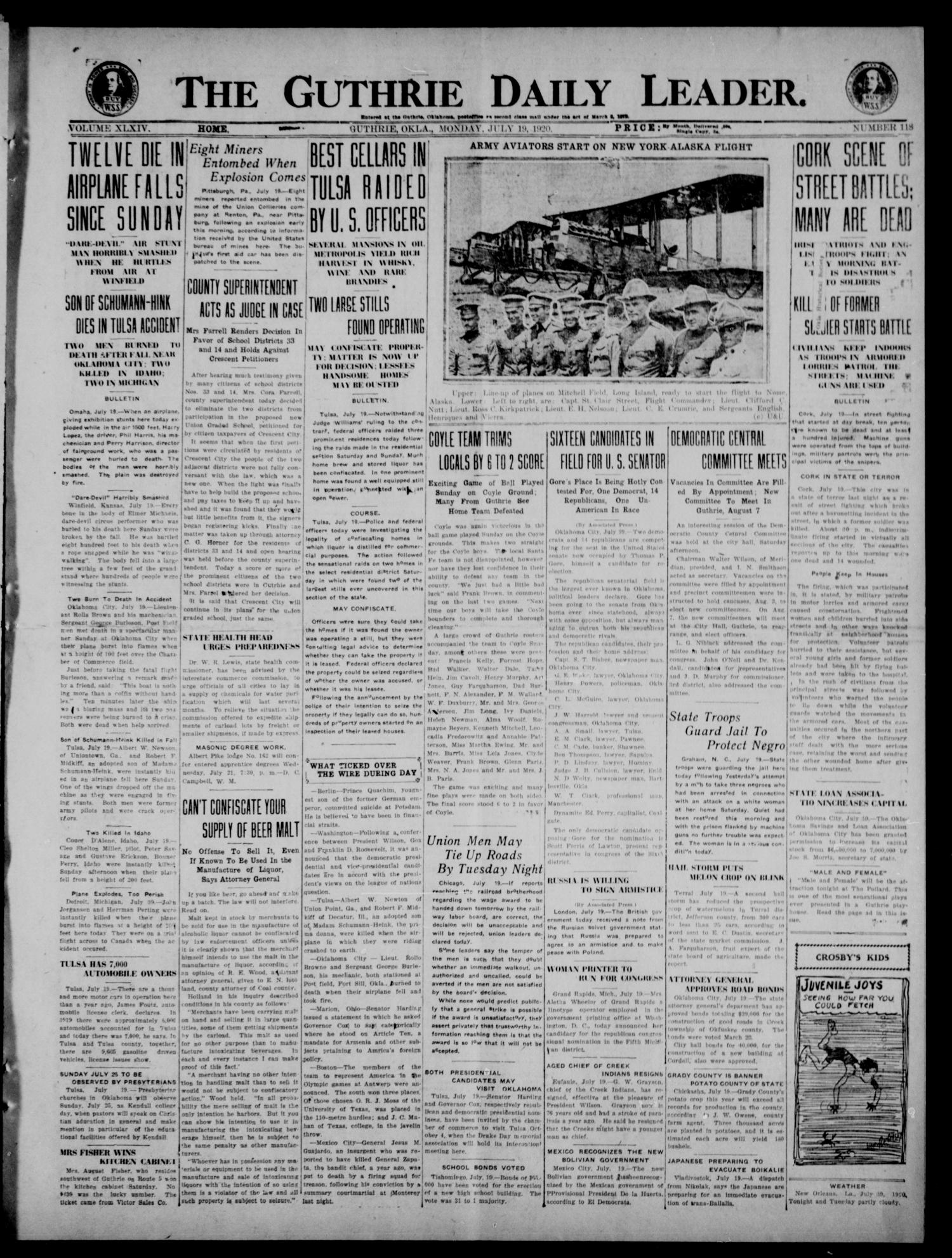 The Guthrie Daily Leader. (Guthrie, Okla.), Vol. 54, No. 118, Ed. 1 Monday, July 19, 1920
                                                
                                                    [Sequence #]: 1 of 8
                                                
