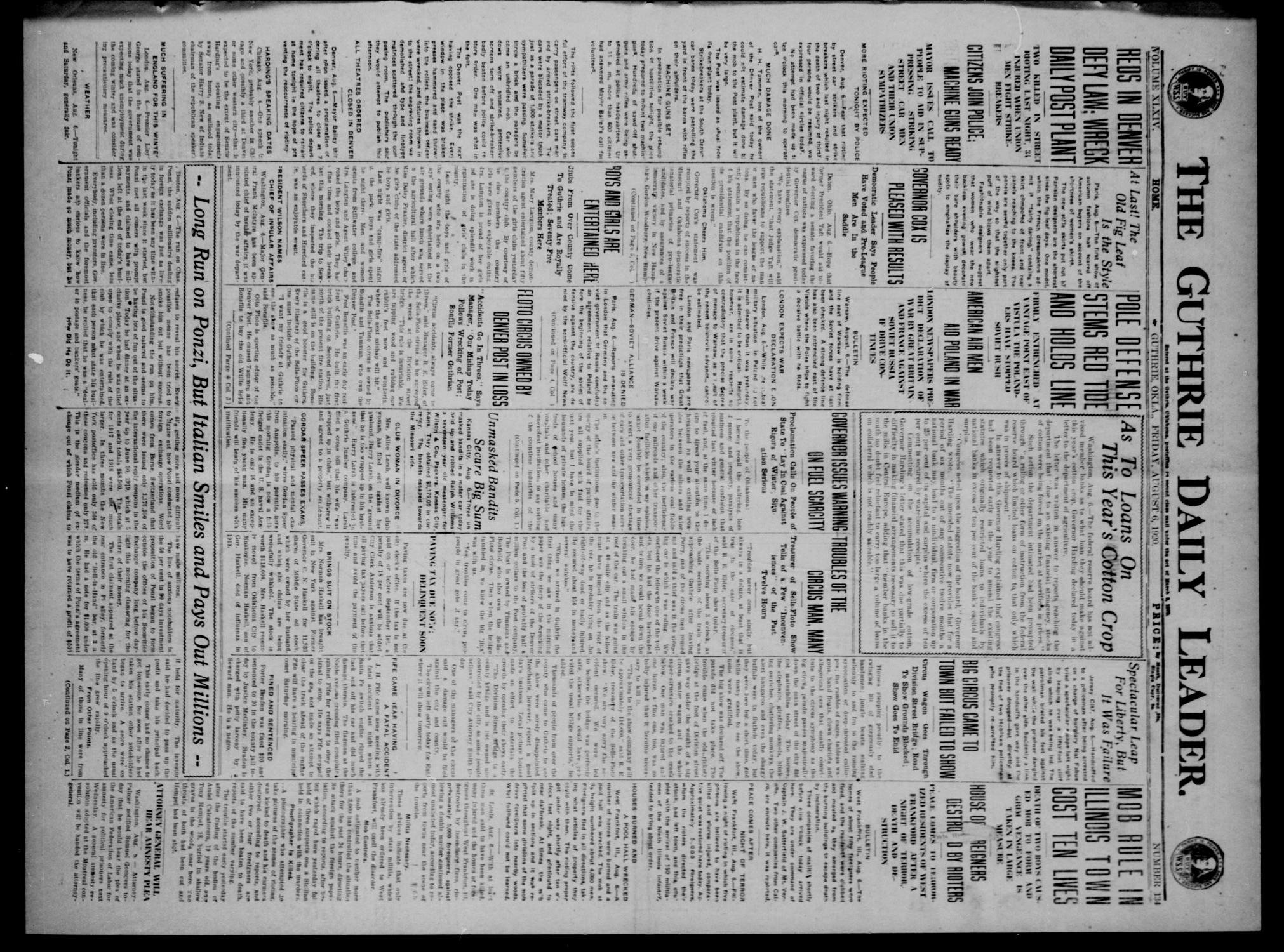 The Guthrie Daily Leader. (Guthrie, Okla.), Vol. 54, No. 134, Ed. 1 Friday, August 6, 1920
                                                
                                                    [Sequence #]: 1 of 8
                                                