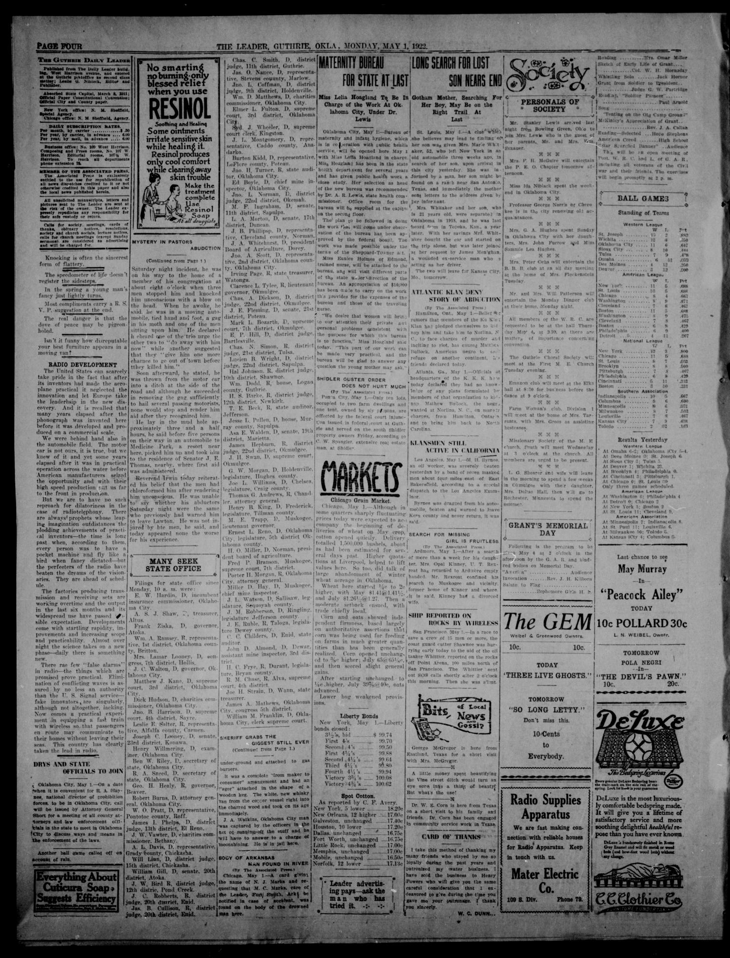 The Guthrie Daily Leader. (Guthrie, Okla.), Vol. 54, No. 35, Ed. 1 Monday, May 1, 1922
                                                
                                                    [Sequence #]: 4 of 8
                                                