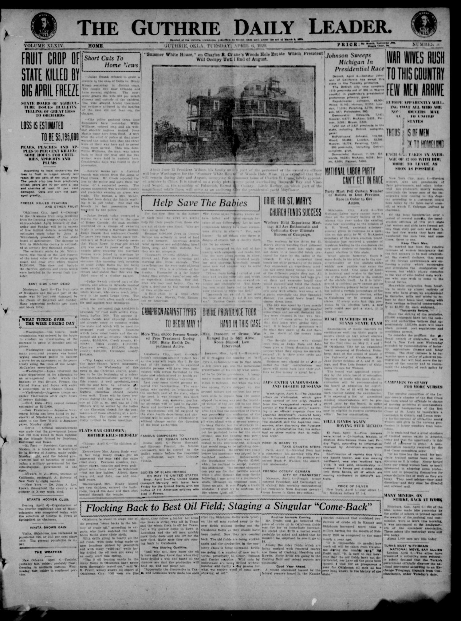 The Guthrie Daily Leader. (Guthrie, Okla.), Vol. 54, No. 30, Ed. 1 Tuesday, April 6, 1920
                                                
                                                    [Sequence #]: 1 of 8
                                                