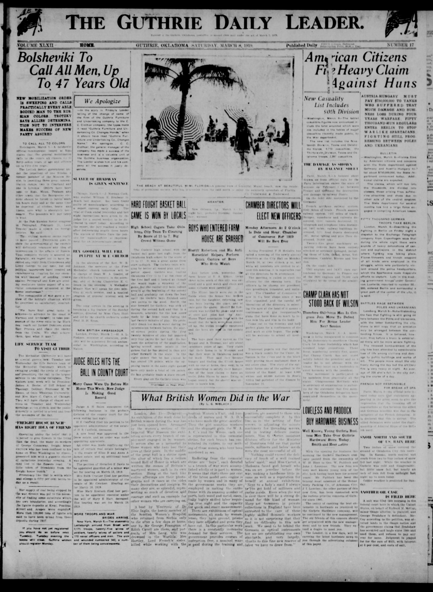 The Guthrie Daily Leader. (Guthrie, Okla.), Vol. 52, No. 17, Ed. 1 Saturday, March 8, 1919
                                                
                                                    [Sequence #]: 1 of 8
                                                