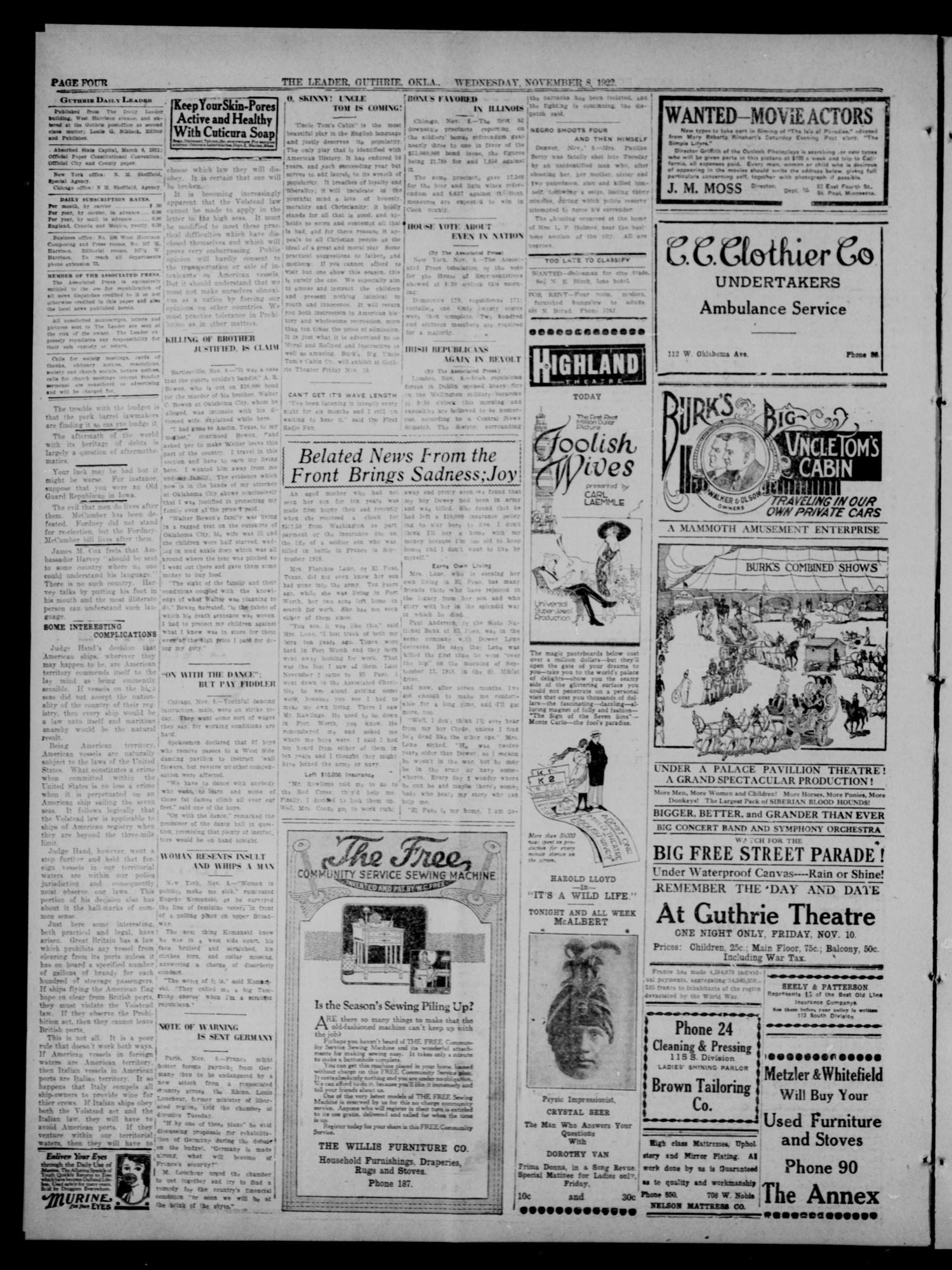 The Guthrie Daily Leader. (Guthrie, Okla.), Vol. 60, No. 44, Ed. 1 Wednesday, November 8, 1922
                                                
                                                    [Sequence #]: 4 of 8
                                                