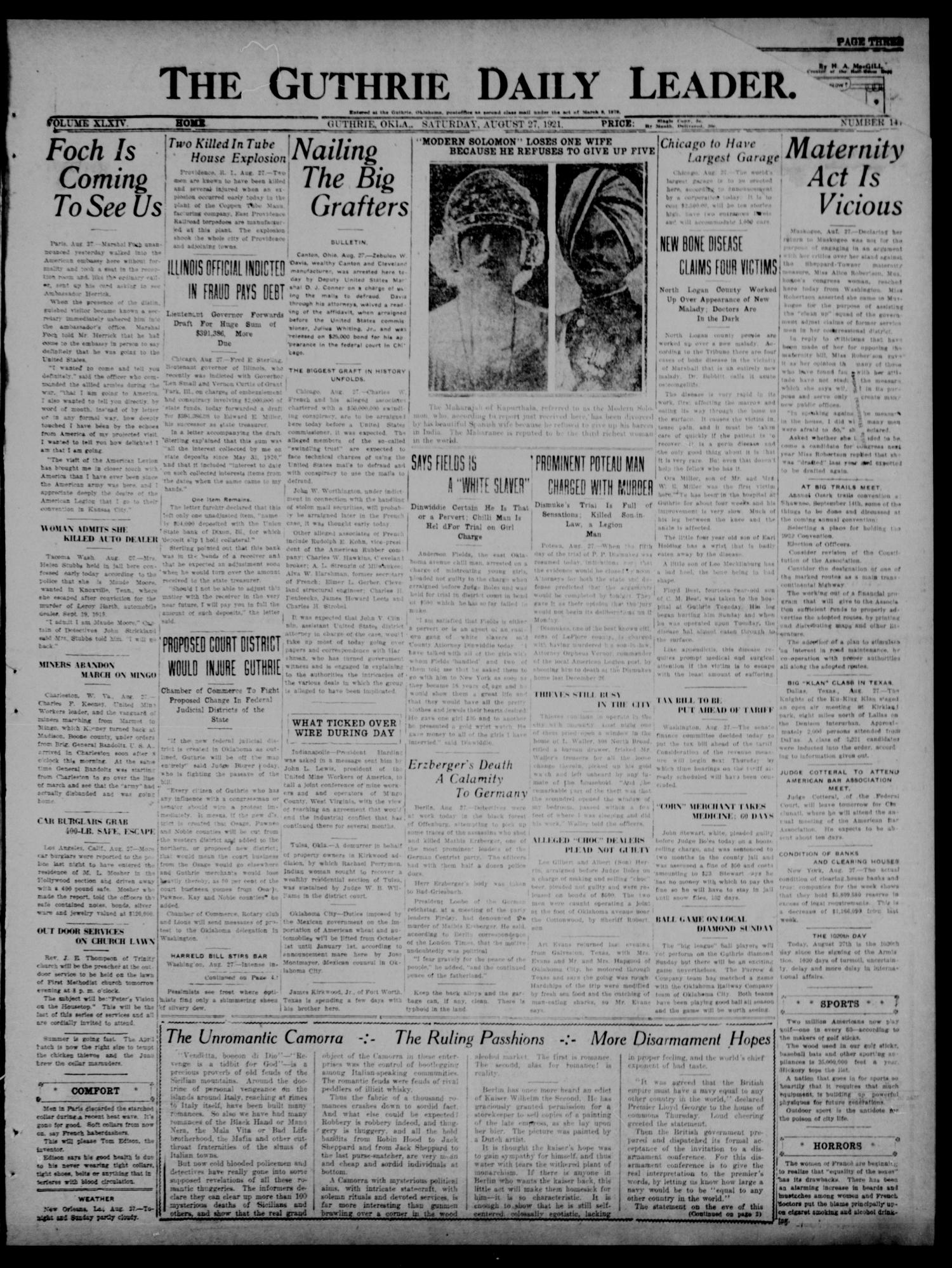 The Guthrie Daily Leader. (Guthrie, Okla.), Vol. 54, No. 141, Ed. 1 Saturday, August 27, 1921
                                                
                                                    [Sequence #]: 1 of 8
                                                