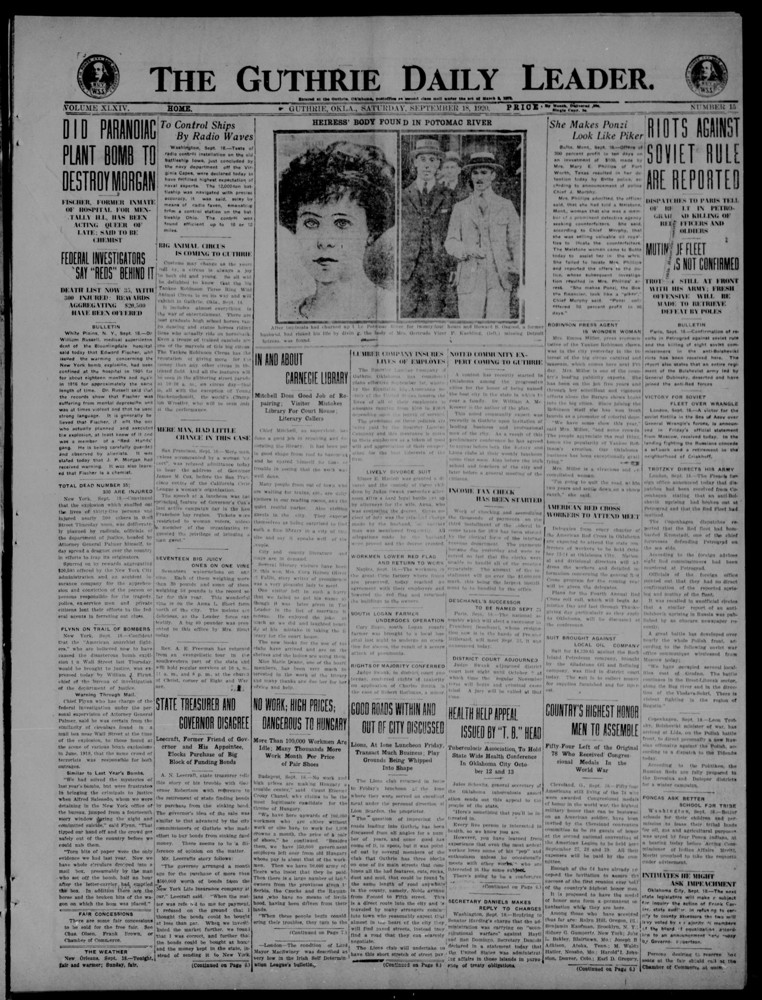 The Guthrie Daily Leader. (Guthrie, Okla.), Vol. 54, No. 15, Ed. 1 Saturday, September 18, 1920
                                                
                                                    [Sequence #]: 1 of 8
                                                