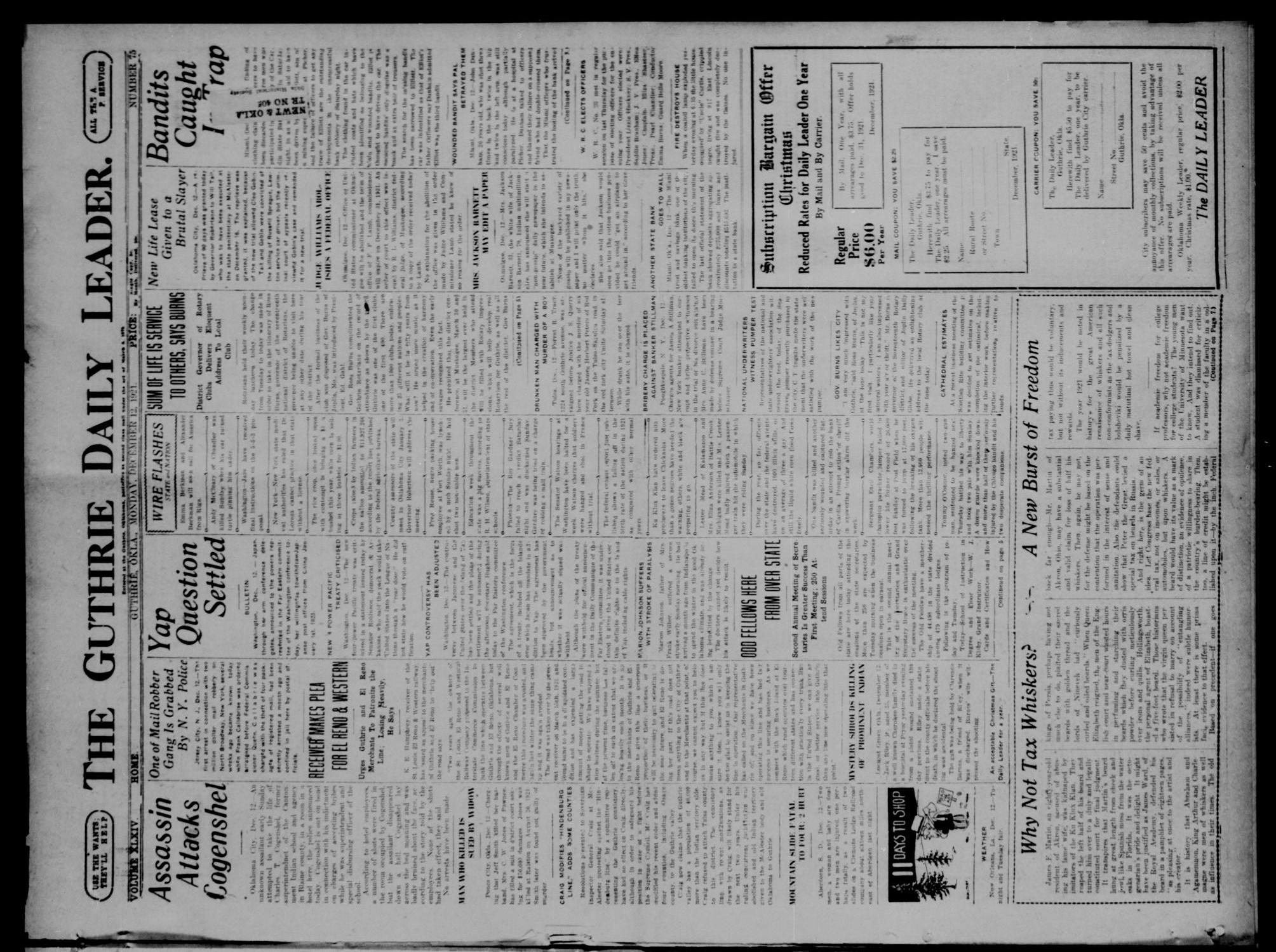 The Guthrie Daily Leader. (Guthrie, Okla.), Vol. 54, No. 75, Ed. 1 Monday, December 12, 1921
                                                
                                                    [Sequence #]: 1 of 8
                                                