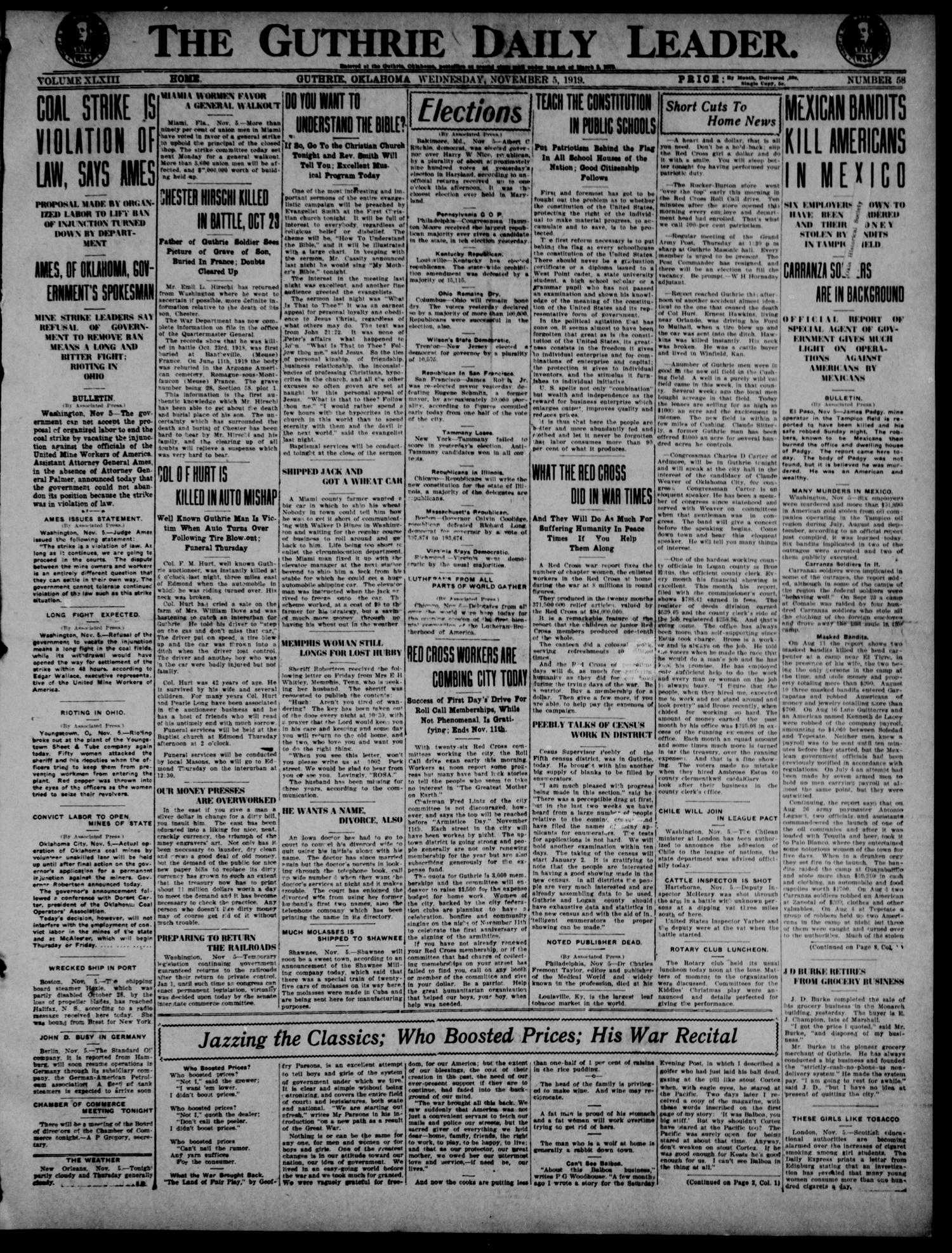 The Guthrie Daily Leader. (Guthrie, Okla.), Vol. 53, No. 58, Ed. 1 Wednesday, November 5, 1919
                                                
                                                    [Sequence #]: 1 of 8
                                                