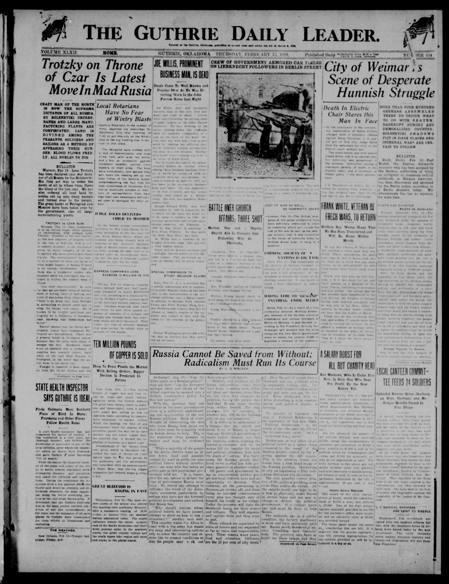 The Guthrie Daily Leader. (Guthrie, Okla.), Vol. 52, No. 154, Ed. 1 Thursday, February 13, 1919
                                                
                                                    [Sequence #]: 1 of 8
                                                
