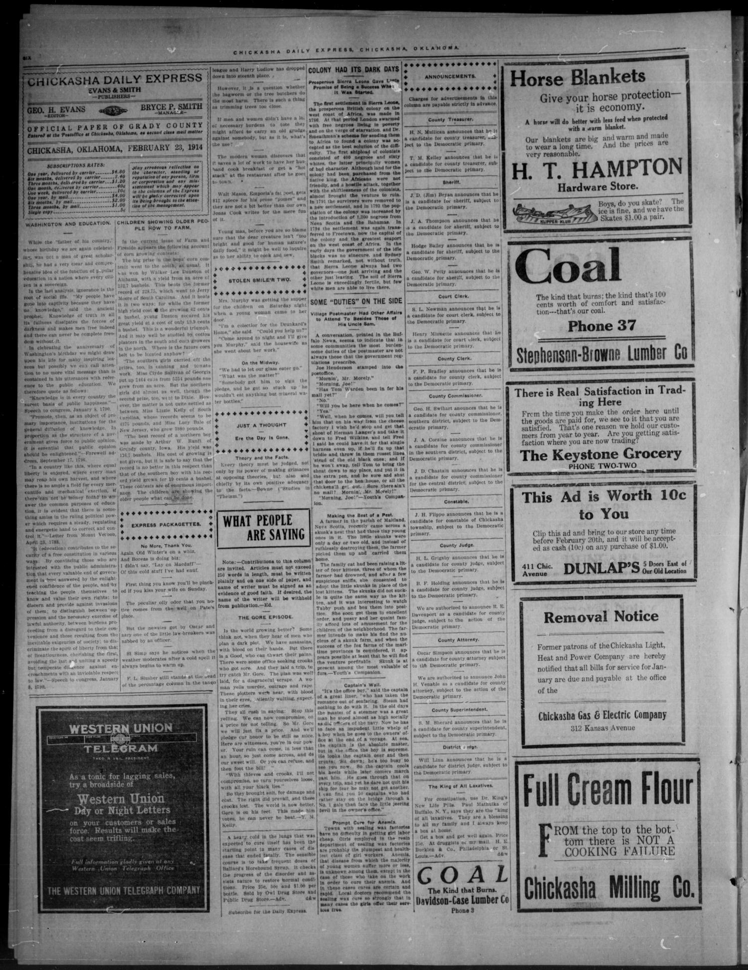 Chickasha Daily Express. (Chickasha, Okla.), Vol. FIFTEEN, No. 46, Ed. 1 Monday, February 23, 1914
                                                
                                                    [Sequence #]: 6 of 8
                                                