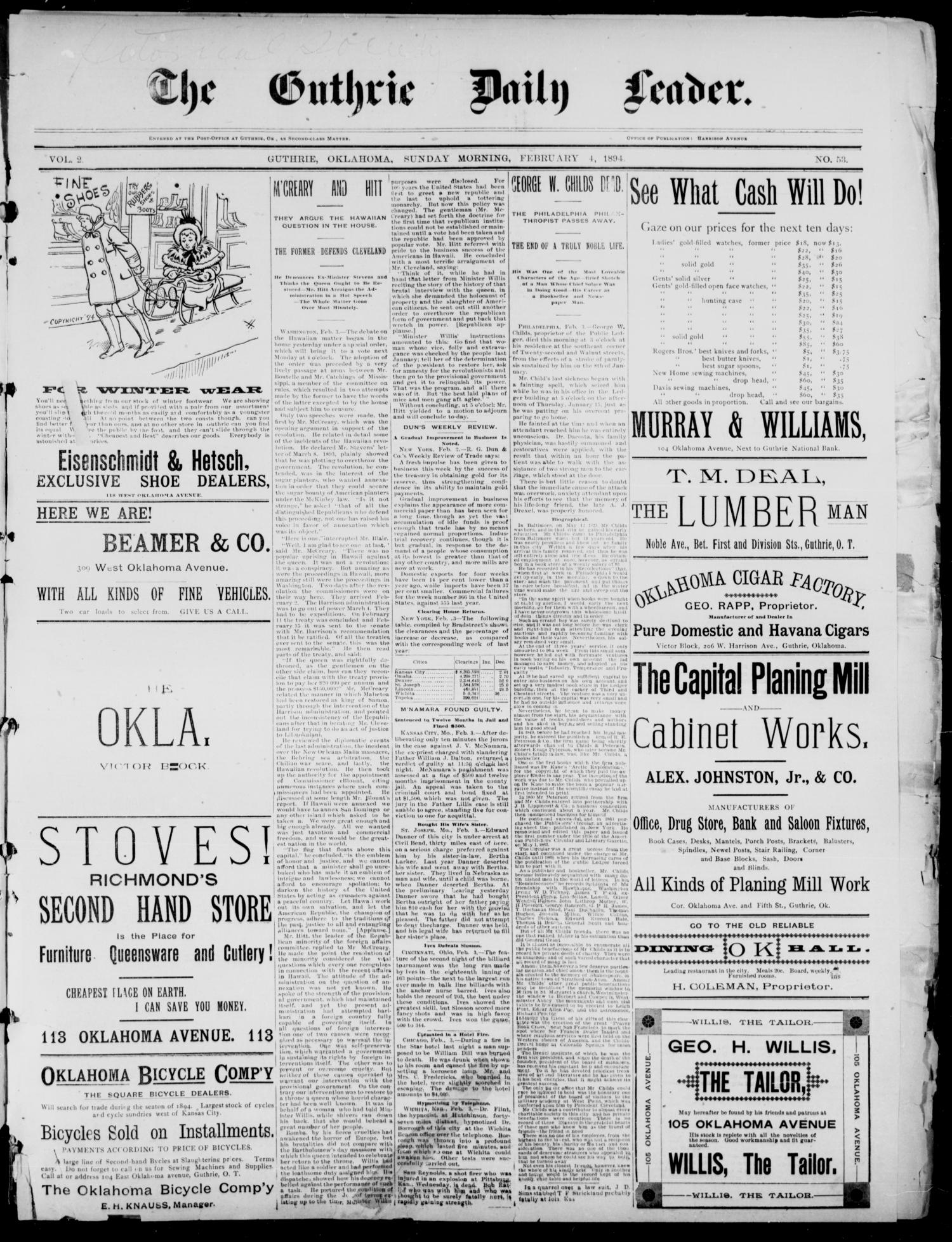 The Guthrie Daily Leader. (Guthrie, Okla.), Vol. 2, No. 53, Ed. 1, Sunday, February 4, 1894
                                                
                                                    [Sequence #]: 1 of 4
                                                