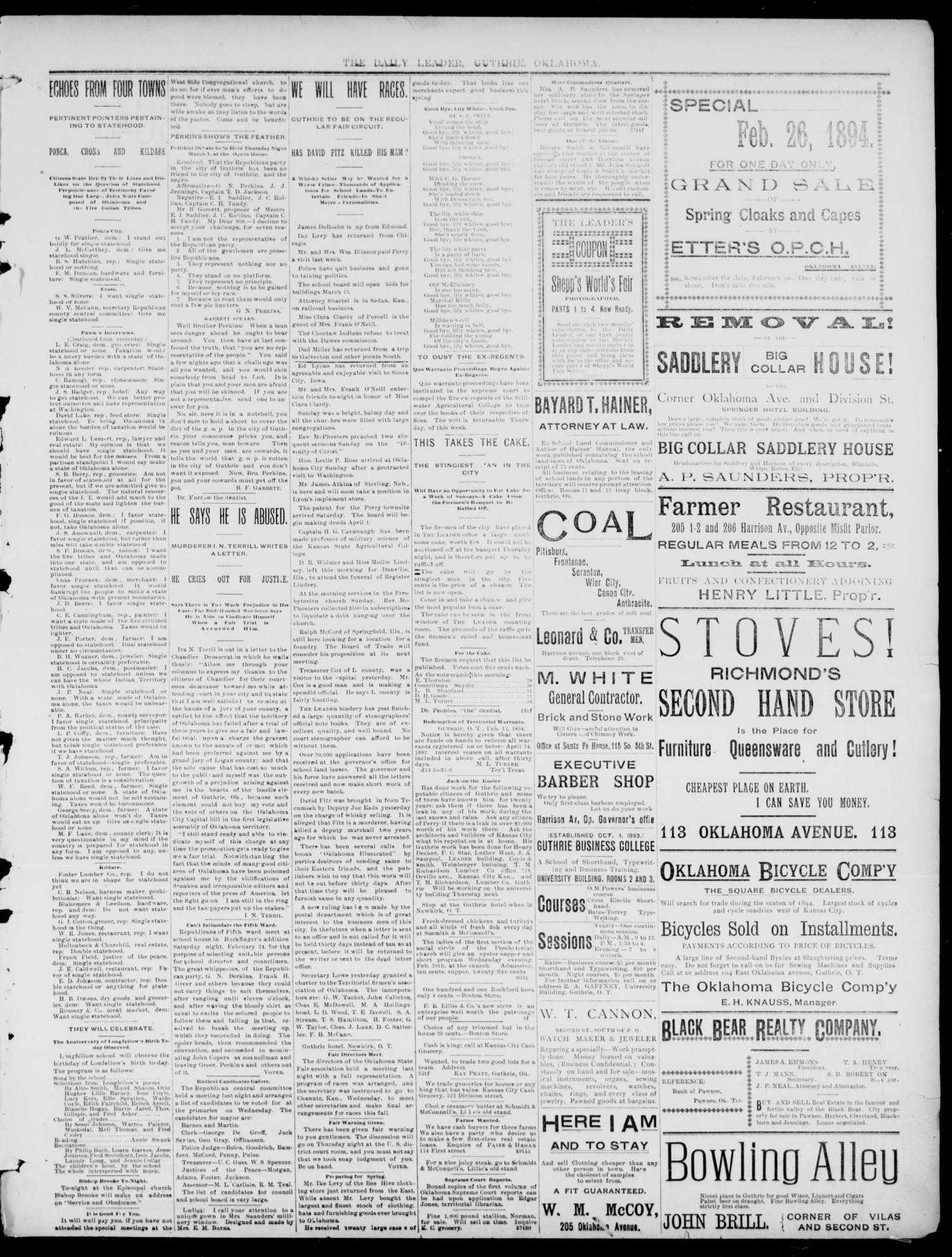 The Guthrie Daily Leader. (Guthrie, Okla.), Vol. 2, No. 70, Ed. 1, Tuesday, February 27, 1894
                                                
                                                    [Sequence #]: 3 of 4
                                                