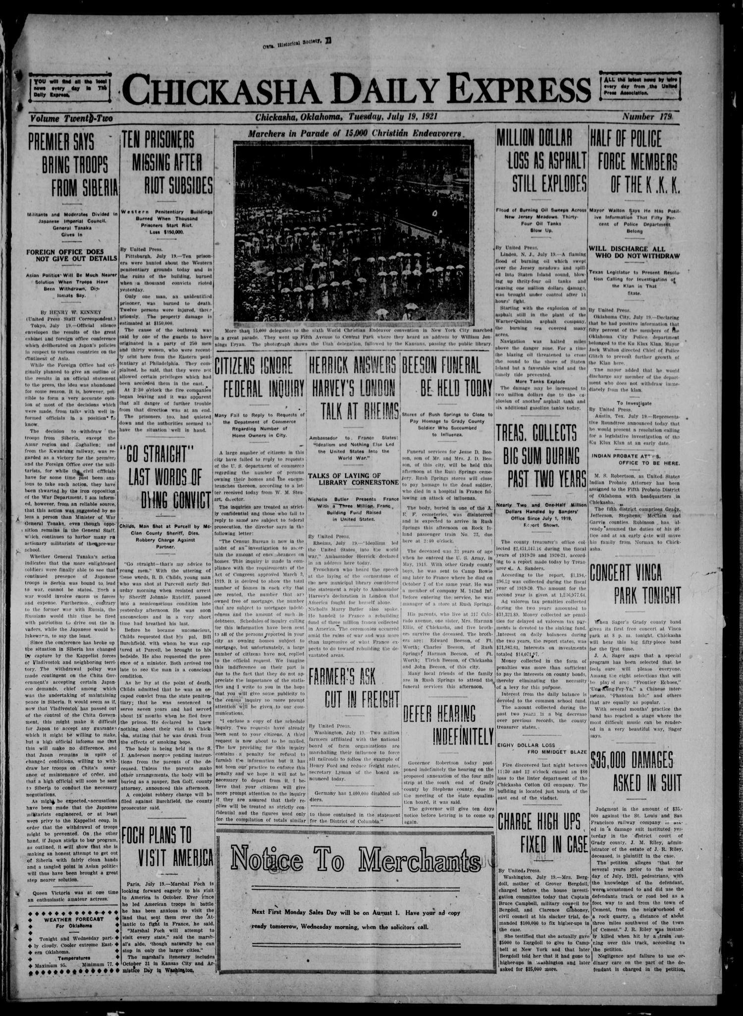 Chickasha Daily Express (Chickasha, Okla.), Vol. 22, No. 179, Ed. 1 Tuesday, July 19, 1921
                                                
                                                    [Sequence #]: 1 of 6
                                                