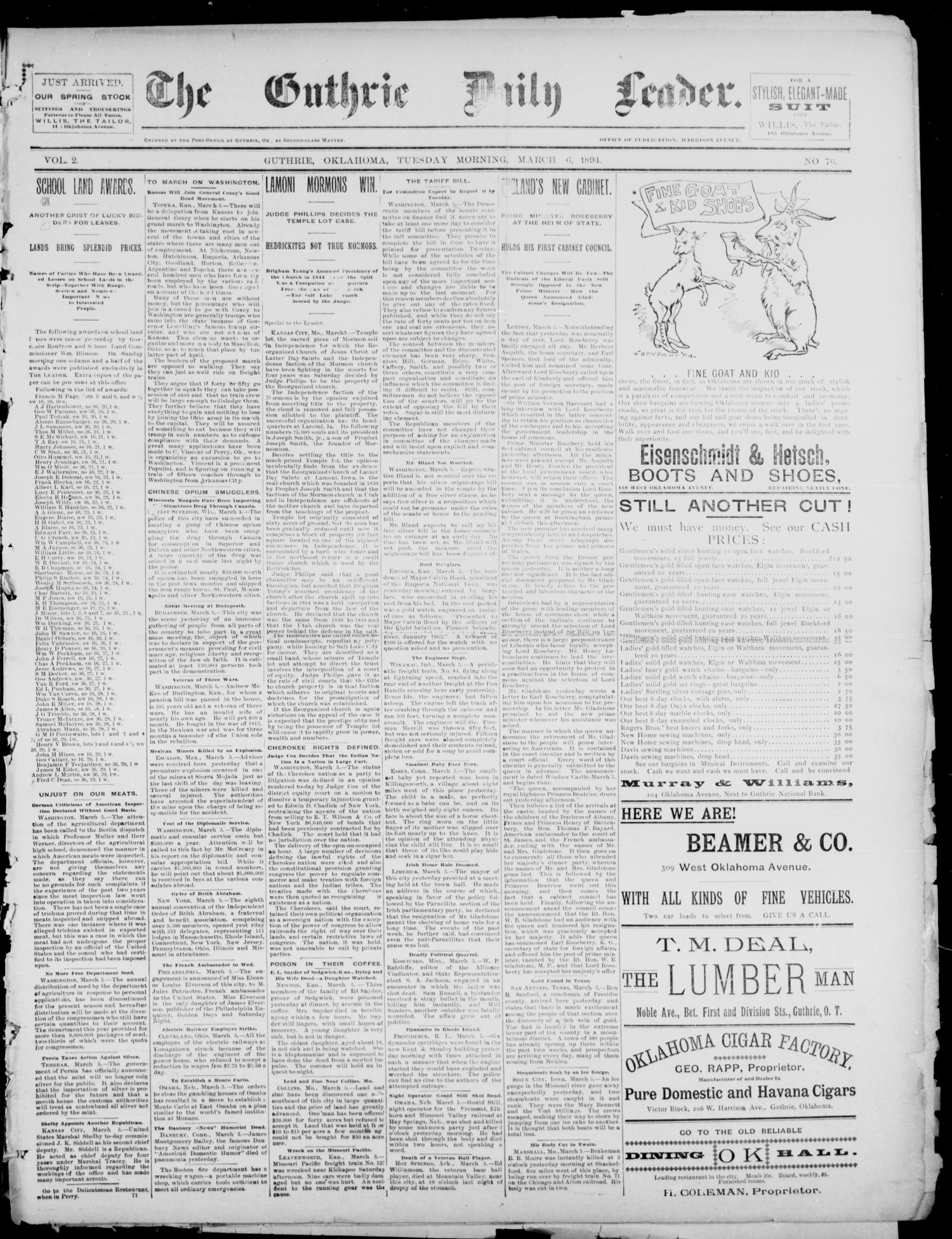 The Guthrie Daily Leader. (Guthrie, Okla.), Vol. 2, No. 76, Ed. 1, Tuesday, March 6, 1894
                                                
                                                    [Sequence #]: 1 of 4
                                                