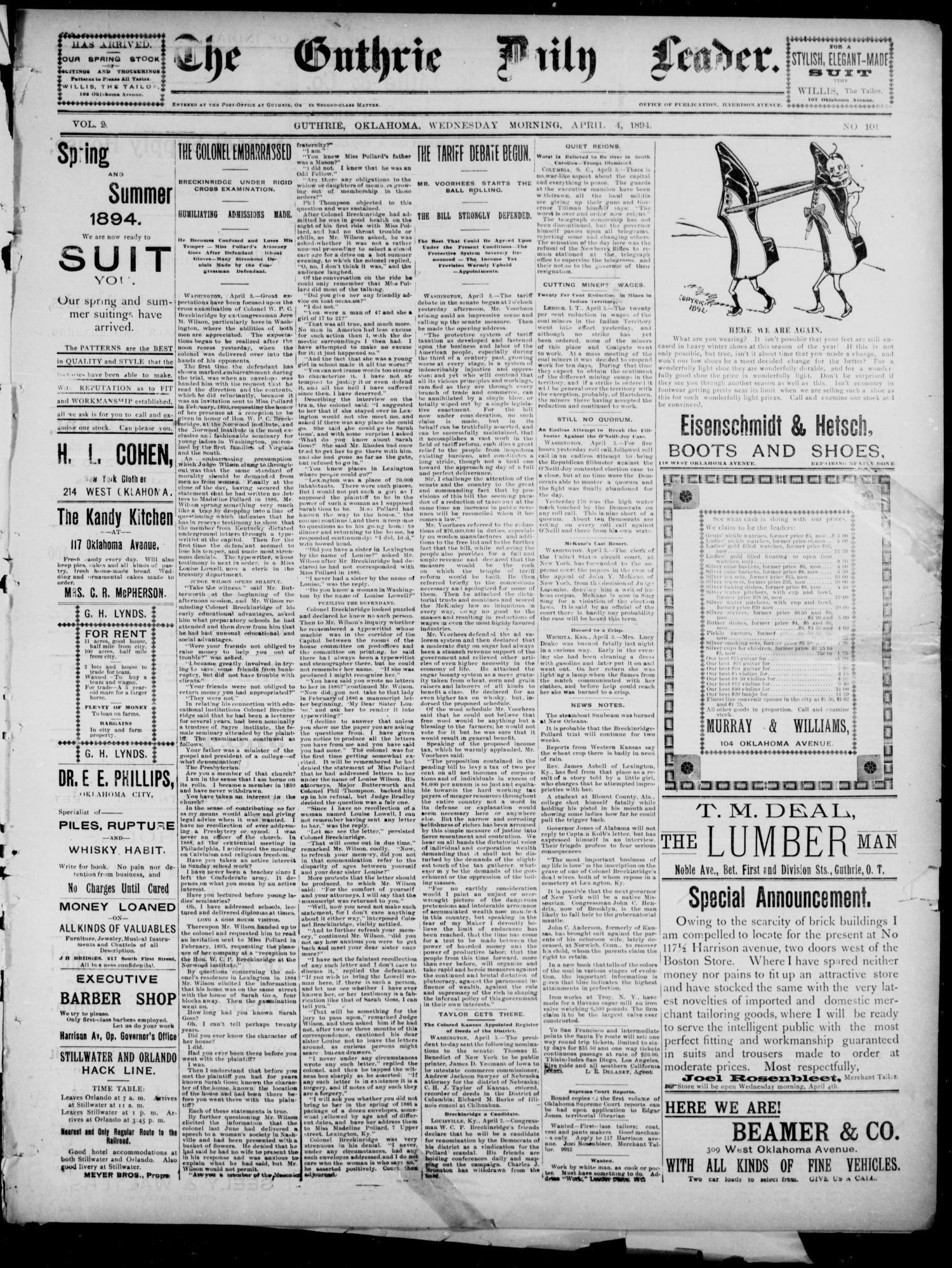 The Guthrie Daily Leader. (Guthrie, Okla.), Vol. 2, No. 101, Ed. 1, Wednesday, April 4, 1894
                                                
                                                    [Sequence #]: 1 of 4
                                                