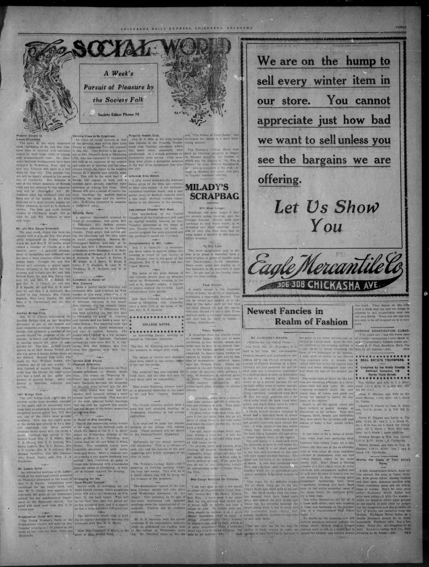 Chickasha Daily Express. (Chickasha, Okla.), Vol. FIFTEEN, No. 15, Ed. 1 Saturday, January 17, 1914
                                                
                                                    [Sequence #]: 3 of 8
                                                