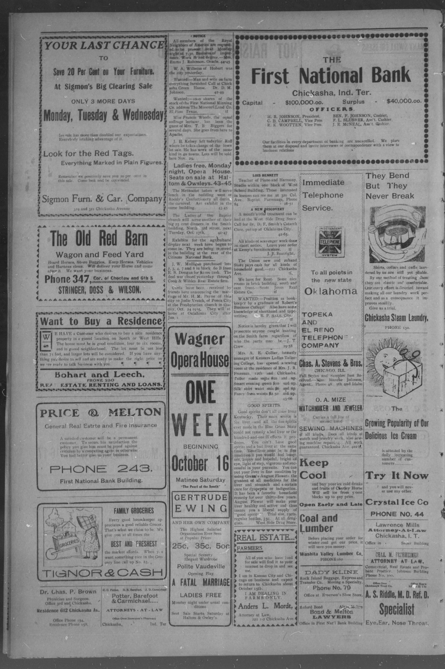 Chickasha Daily Express. (Chickasha, Indian Terr.), No. 244, Ed. 1 Friday, October 13, 1905
                                                
                                                    [Sequence #]: 4 of 4
                                                