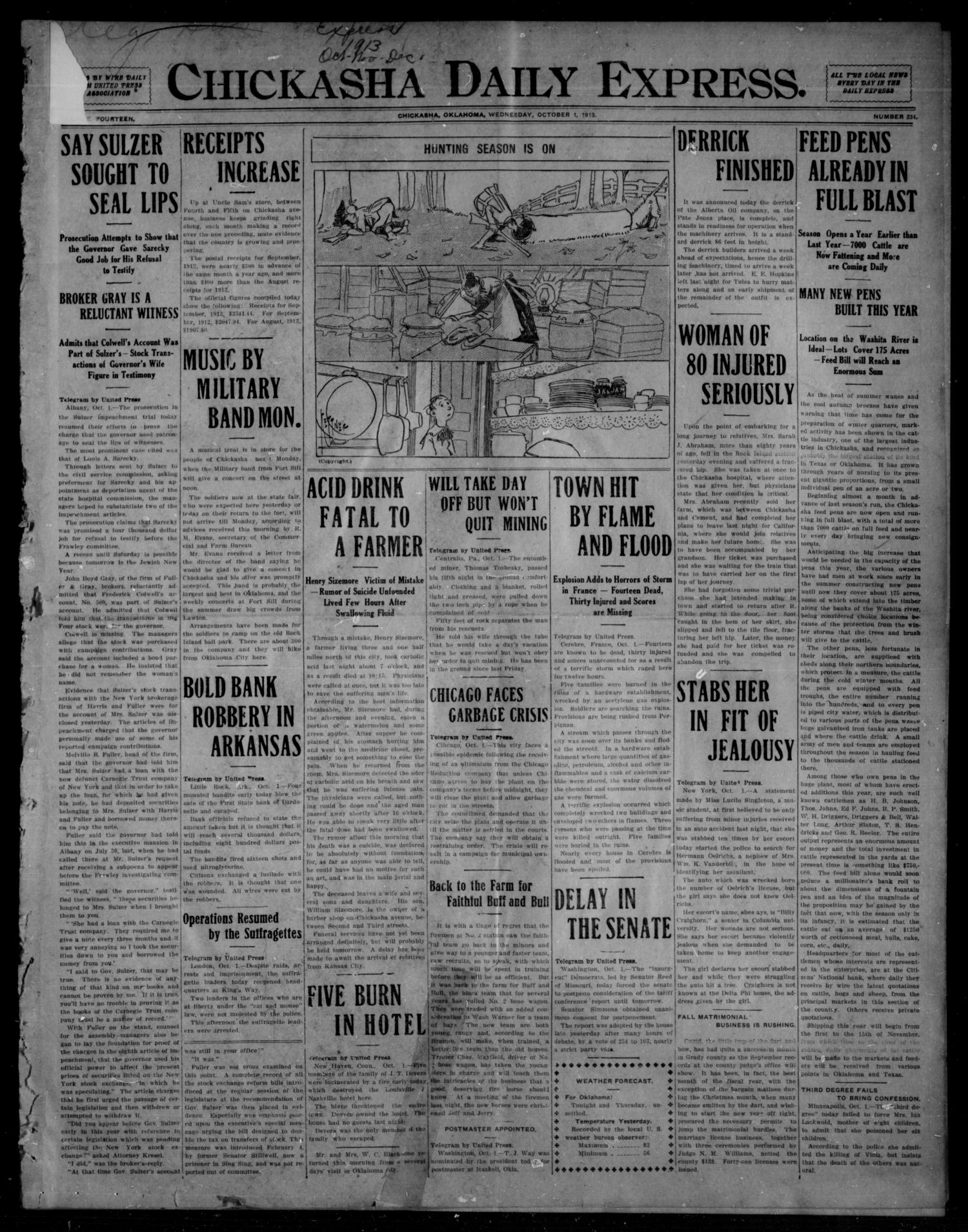 Chickasha Daily Express. (Chickasha, Okla.), Vol. FOURTEEN, No. 234, Ed. 1 Wednesday, October 1, 1913
                                                
                                                    [Sequence #]: 1 of 8
                                                