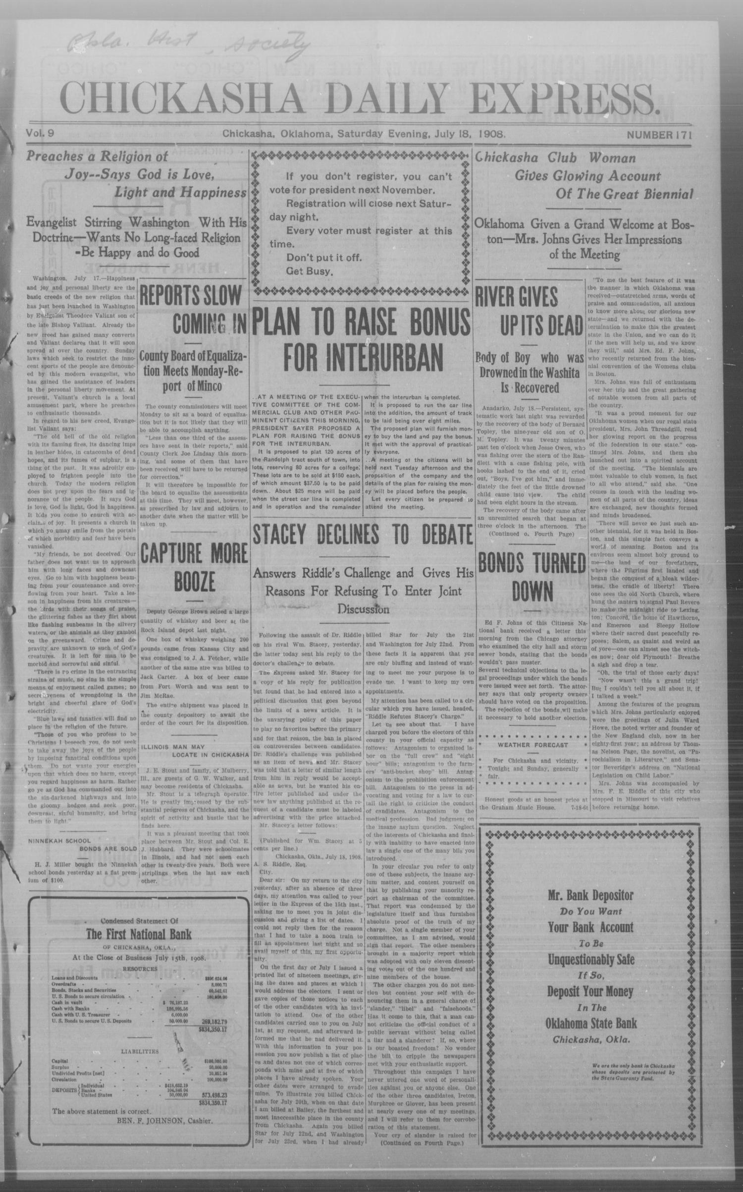 Chickasha Daily Express. (Chickasha, Okla.), Vol. 9, No. 171, Ed. 1 Saturday, July 18, 1908
                                                
                                                    [Sequence #]: 1 of 8
                                                