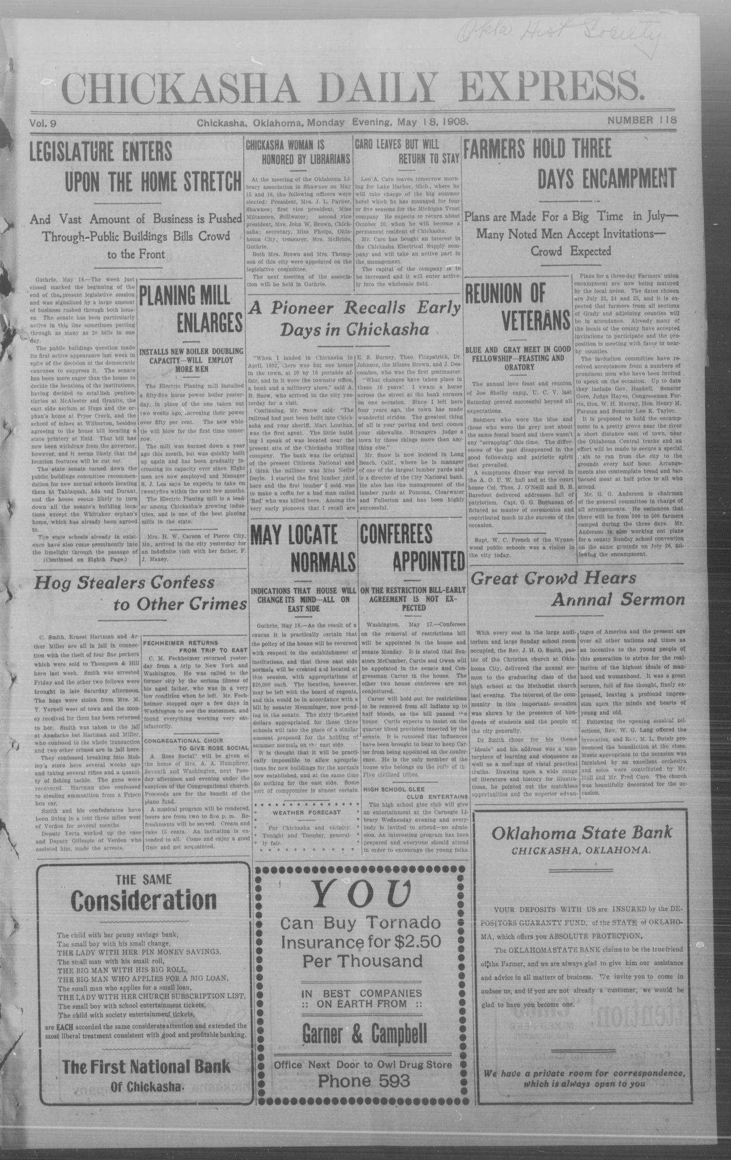 Chickasha Daily Express. (Chickasha, Okla.), Vol. 9, No. 118, Ed. 1 Monday, May 18, 1908
                                                
                                                    [Sequence #]: 1 of 8
                                                