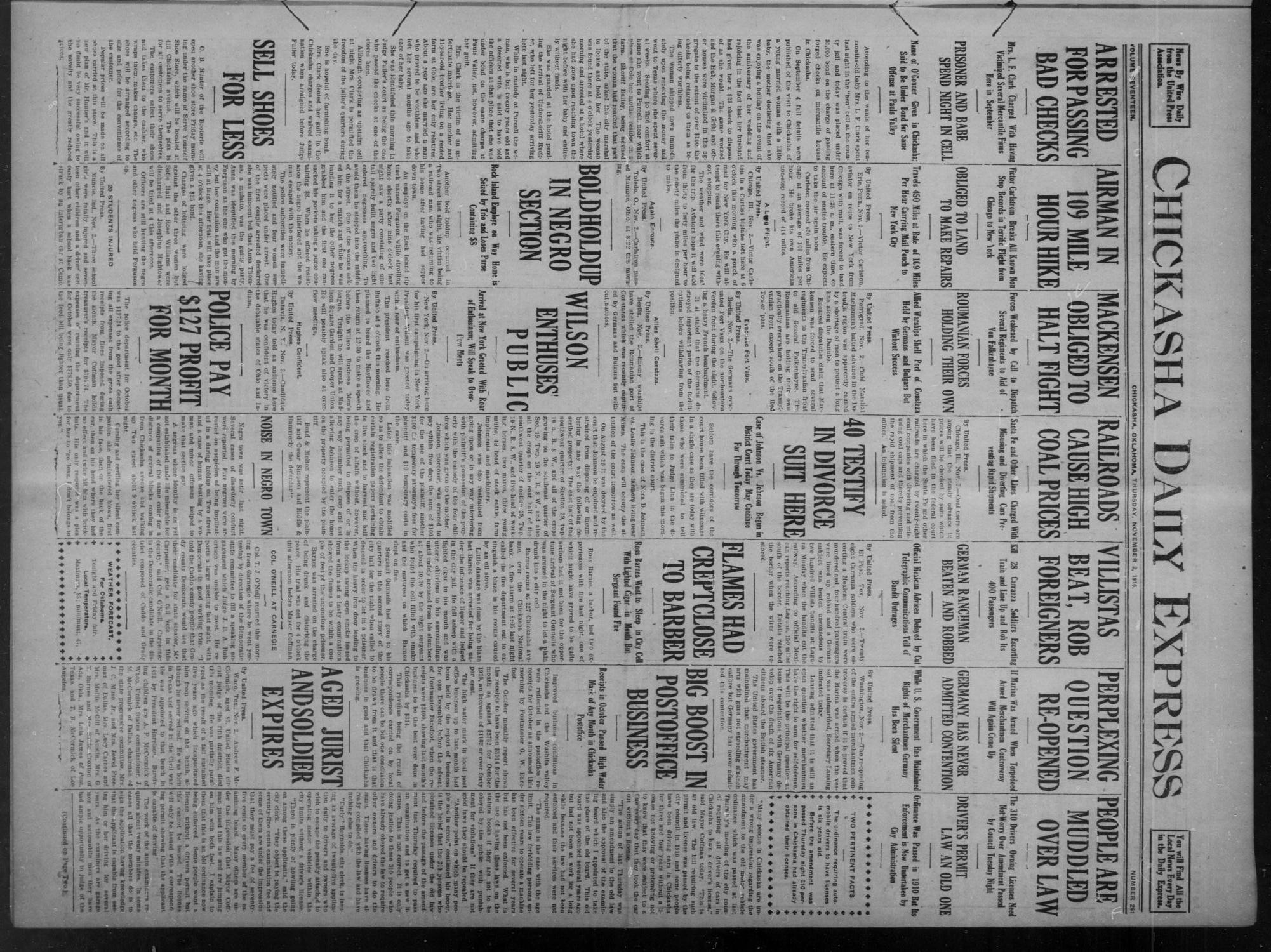 Chickasha Daily Express (Chickasha, Okla.), Vol. 17, No. 261, Ed. 1 Thursday, November 2, 1916
                                                
                                                    [Sequence #]: 1 of 8
                                                