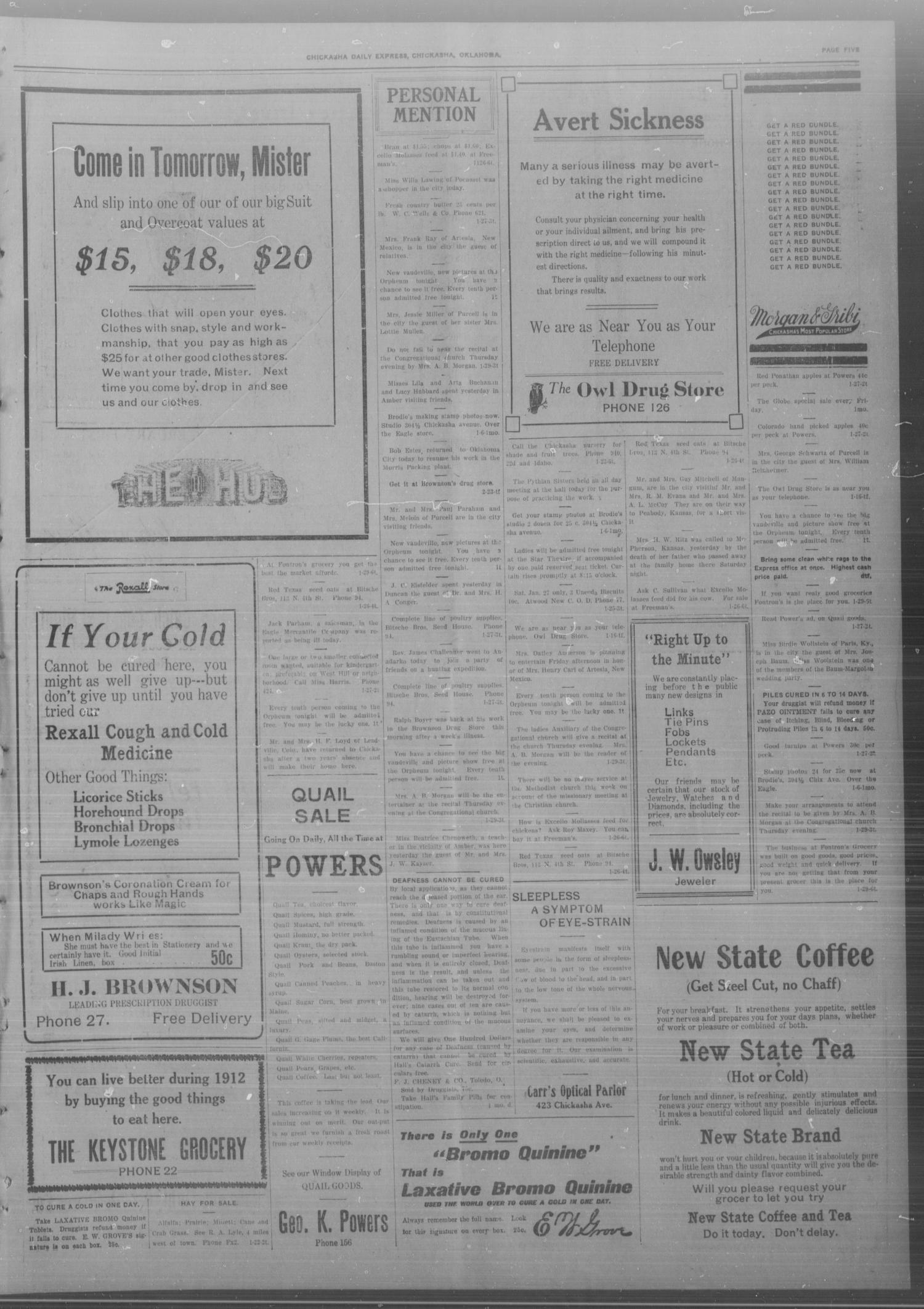 Chickasha Daily Express. (Chickasha, Okla.), Vol. THIRTEEN, No. 25, Ed. 1 Monday, January 29, 1912
                                                
                                                    [Sequence #]: 5 of 8
                                                