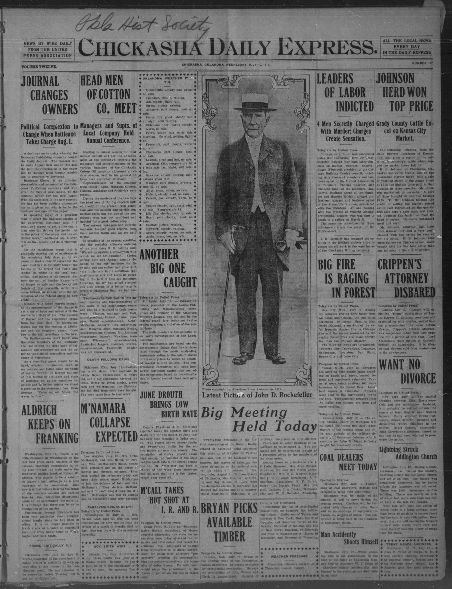 Chickasha Daily Express. (Chickasha, Okla.), Vol. 12, No. 157, Ed. 1 Wednesday, July 12, 1911
                                                
                                                    [Sequence #]: 1 of 8
                                                