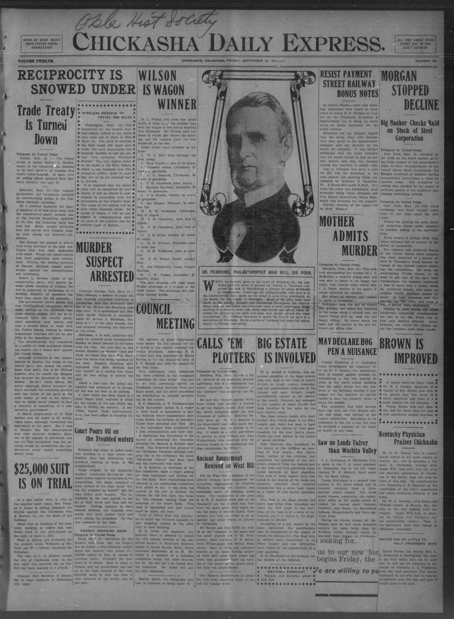 Chickasha Daily Express. (Chickasha, Okla.), Vol. 12, No. 220, Ed. 1 Friday, September 22, 1911
                                                
                                                    [Sequence #]: 1 of 8
                                                