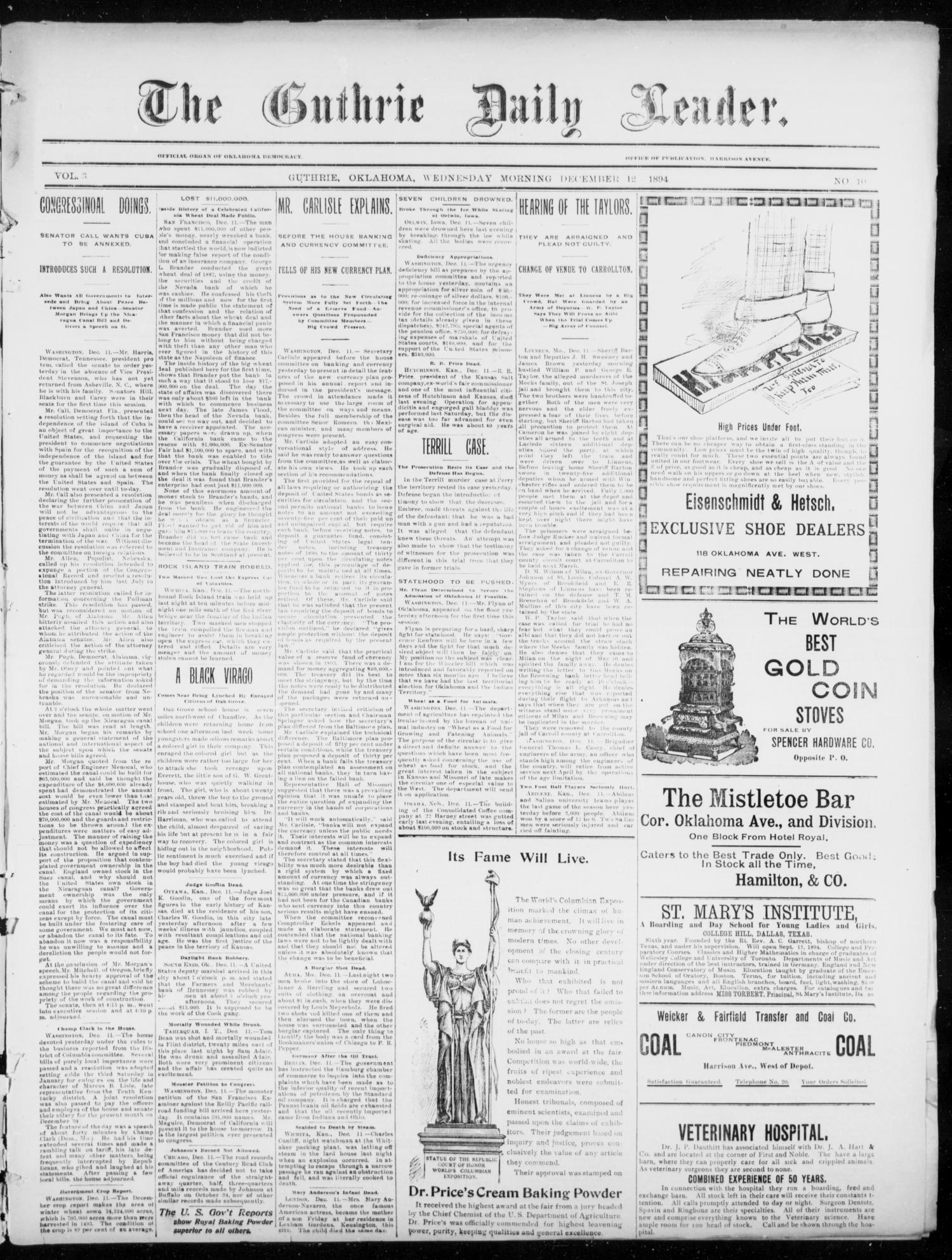 The Guthrie Daily Leader. (Guthrie, Okla.), Vol. 3, No. 10, Ed. 1, Wednesday, December 12, 1894
                                                
                                                    [Sequence #]: 1 of 4
                                                
