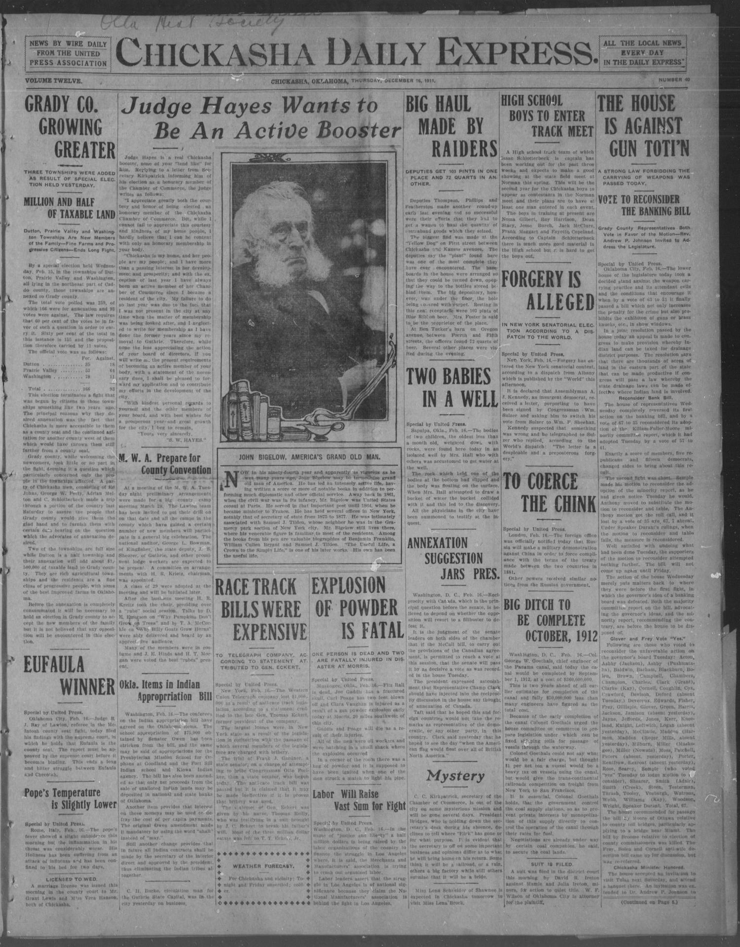 Chickasha Daily Express. (Chickasha, Okla.), Vol. 12, No. 40, Ed. 1 Thursday, February 16, 1911
                                                
                                                    [Sequence #]: 1 of 6
                                                