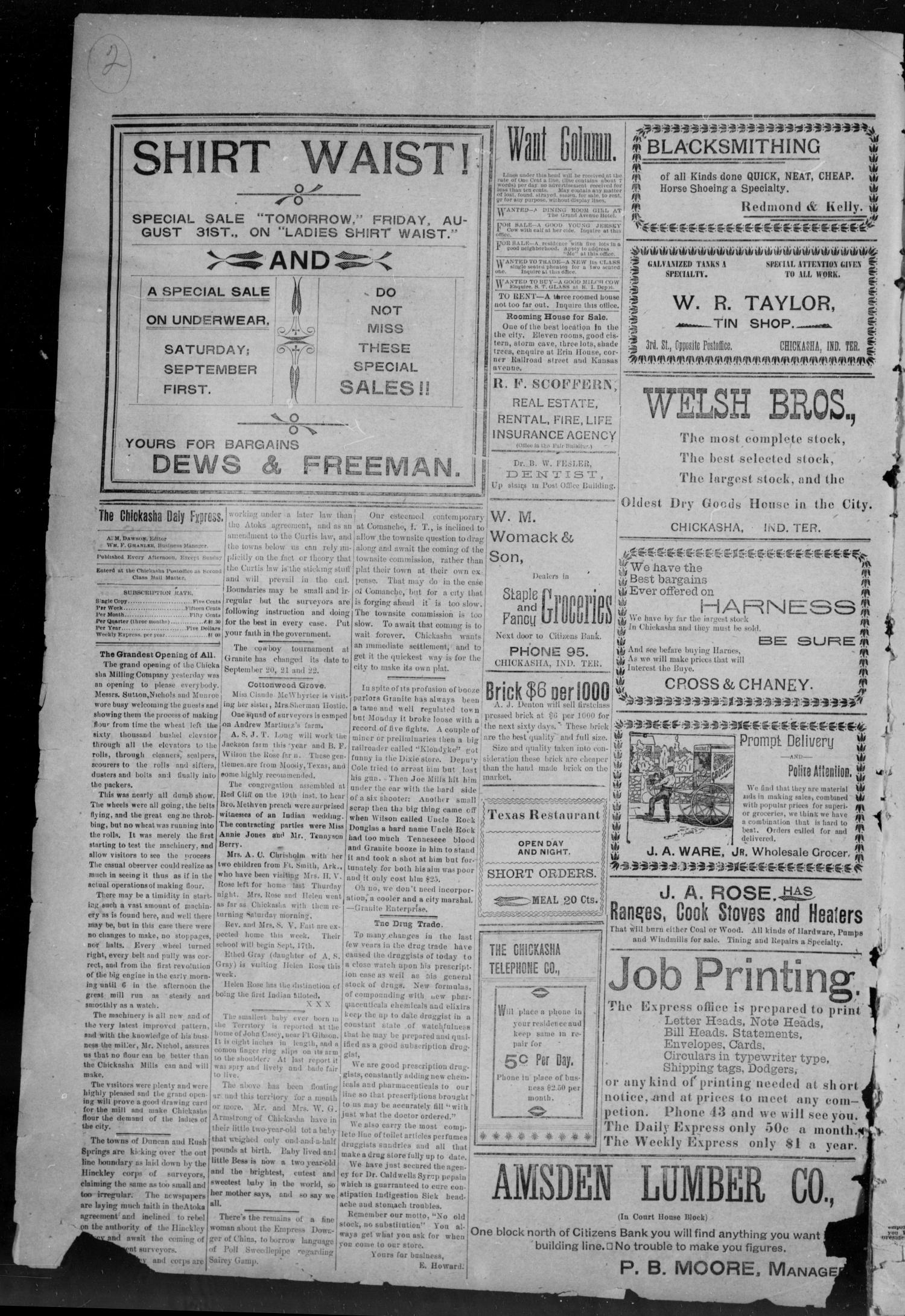 The Chickasha Daily Express. (Chickasha, Indian Terr.), Vol. 1, No. 216, Ed. 1 Saturday, September 1, 1900
                                                
                                                    [Sequence #]: 2 of 4
                                                