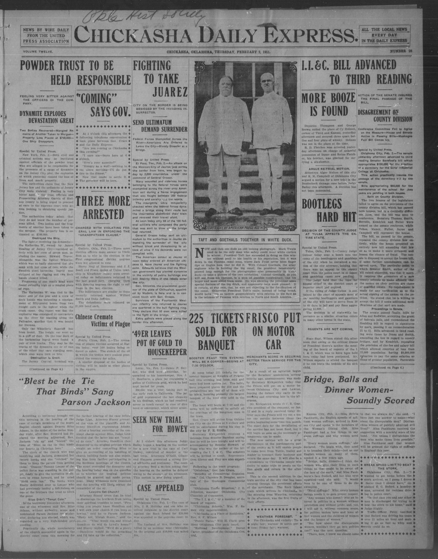 Chickasha Daily Express. (Chickasha, Okla.), Vol. 12, No. 28, Ed. 1 Thursday, February 2, 1911
                                                
                                                    [Sequence #]: 1 of 6
                                                