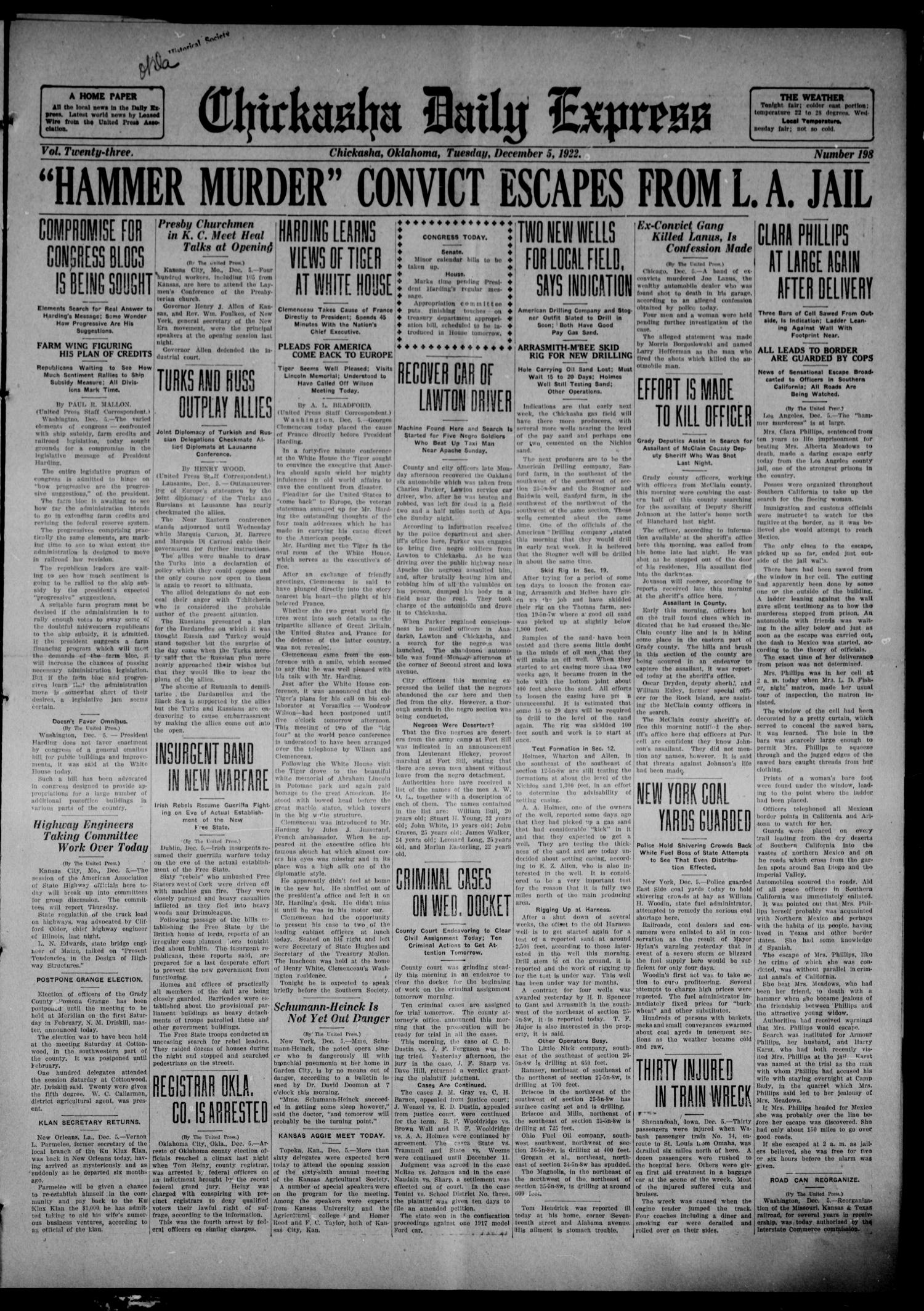 Chickasha Daily Express (Chickasha, Okla.), Vol. 23, No. 198, Ed. 1 Tuesday, December 5, 1922
                                                
                                                    [Sequence #]: 1 of 8
                                                