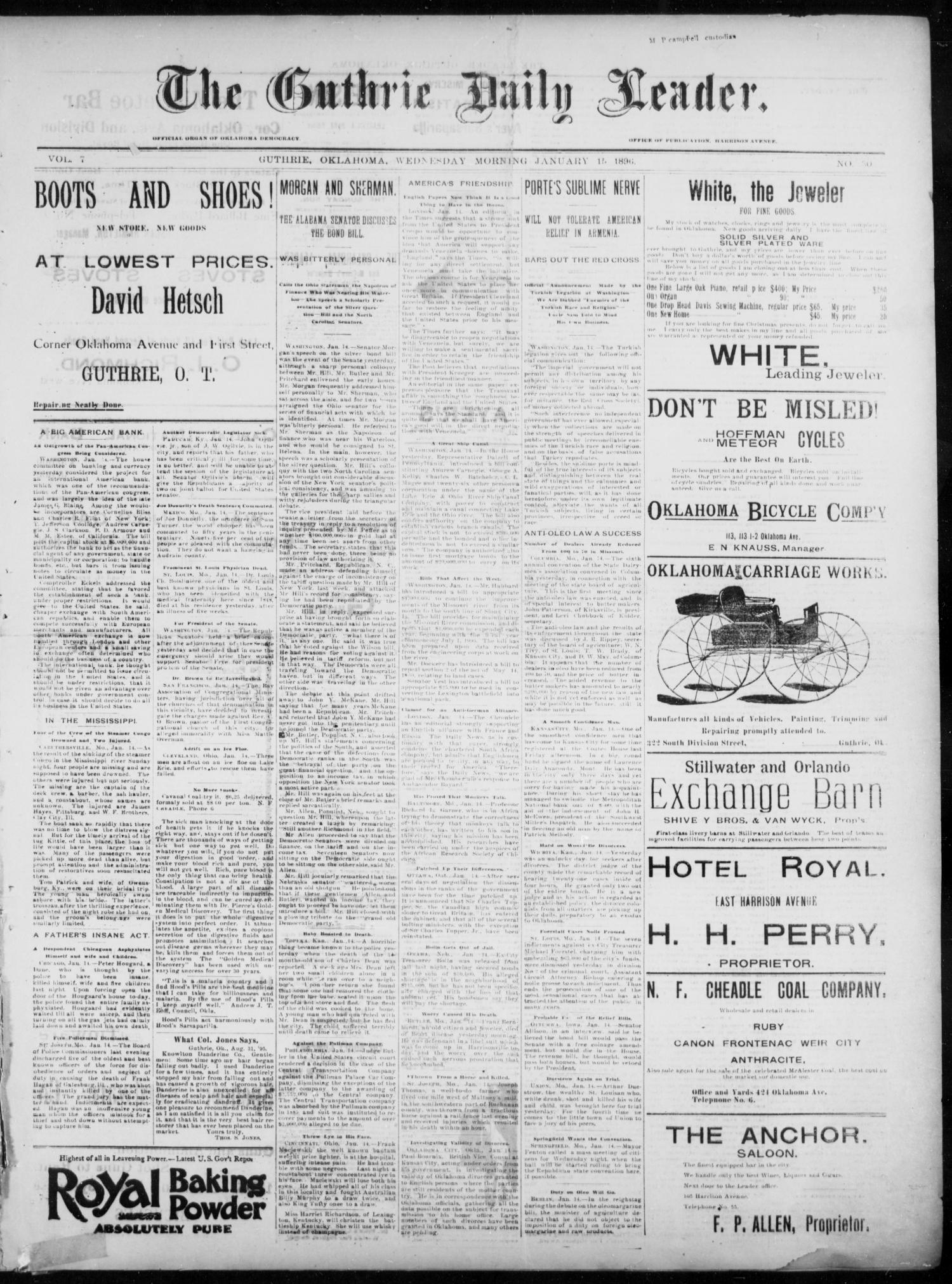 The Guthrie Daily Leader. (Guthrie, Okla.), Vol. 7, No. 30, Ed. 1, Wednesday, January 15, 1896
                                                
                                                    [Sequence #]: 1 of 4
                                                