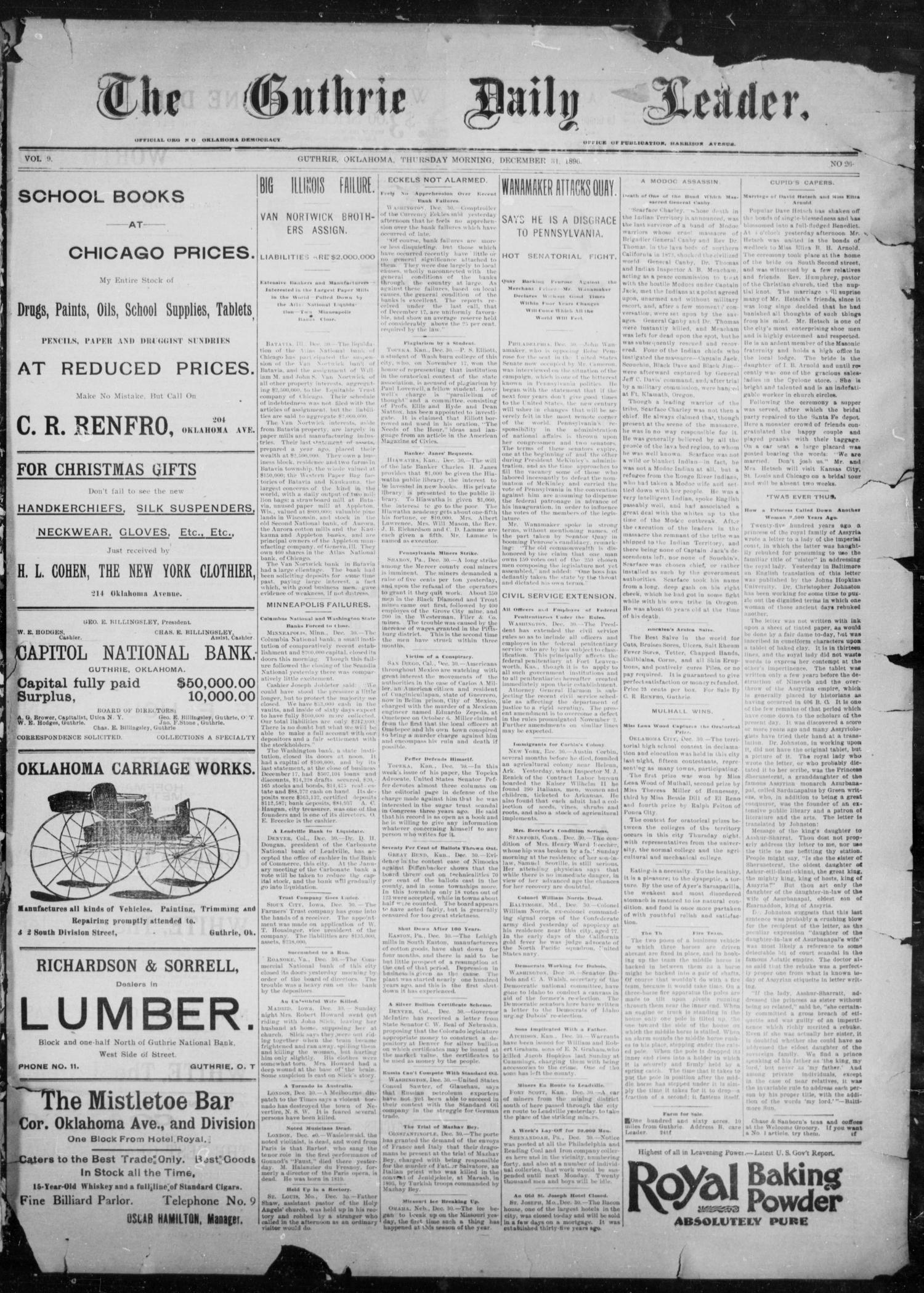The Guthrie Daily Leader. (Guthrie, Okla.), Vol. 9, No. 26, Ed. 1, Thursday, December 31, 1896
                                                
                                                    [Sequence #]: 1 of 4
                                                