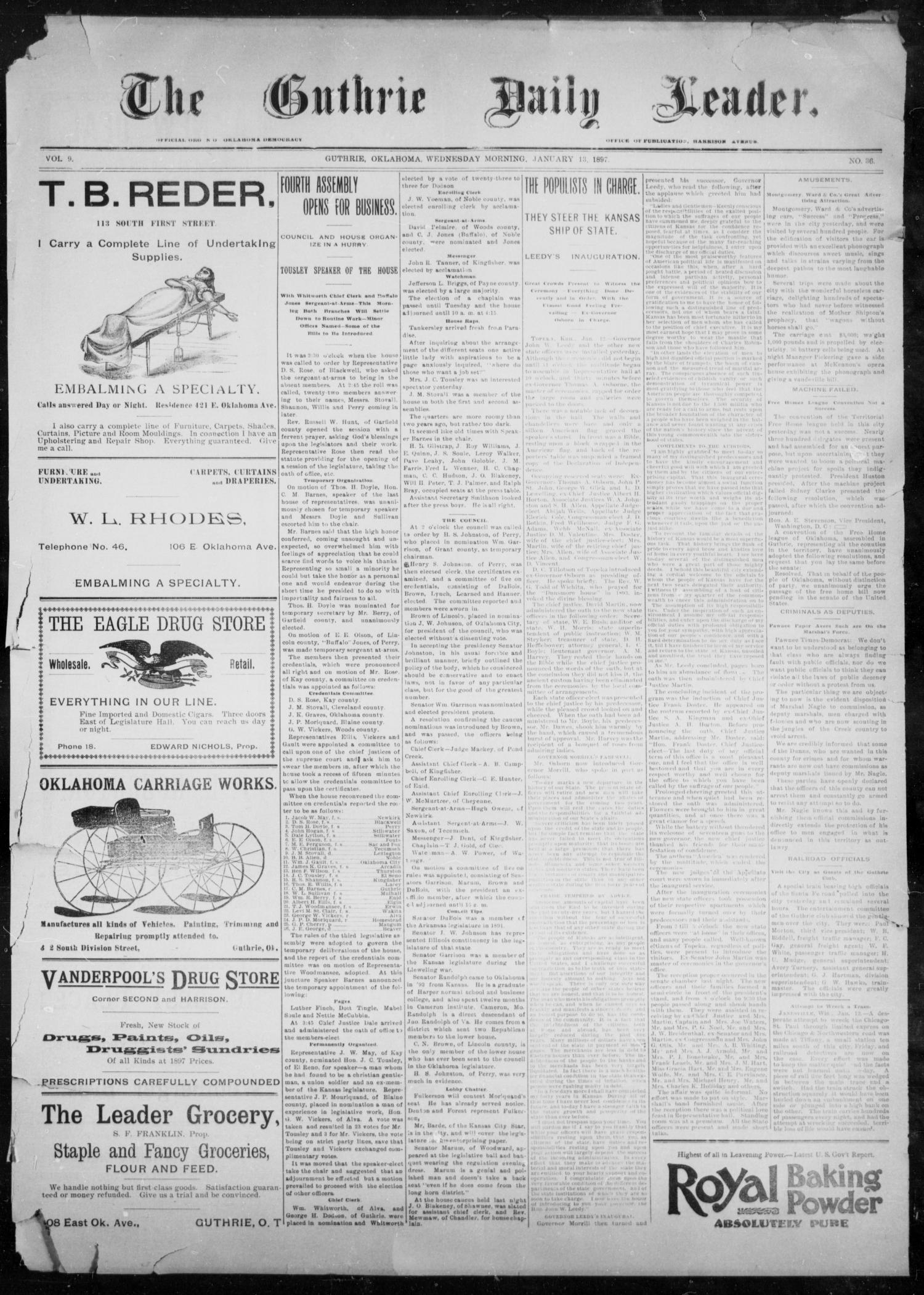 The Guthrie Daily Leader. (Guthrie, Okla.), Vol. 9, No. 36, Ed. 1, Wednesday, January 13, 1897
                                                
                                                    [Sequence #]: 1 of 4
                                                