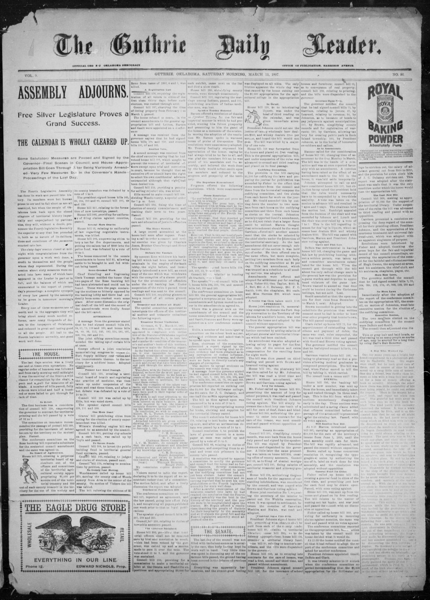 The Guthrie Daily Leader. (Guthrie, Okla.), Vol. 9, No. 86, Ed. 1, Saturday, March 13, 1897
                                                
                                                    [Sequence #]: 1 of 4
                                                