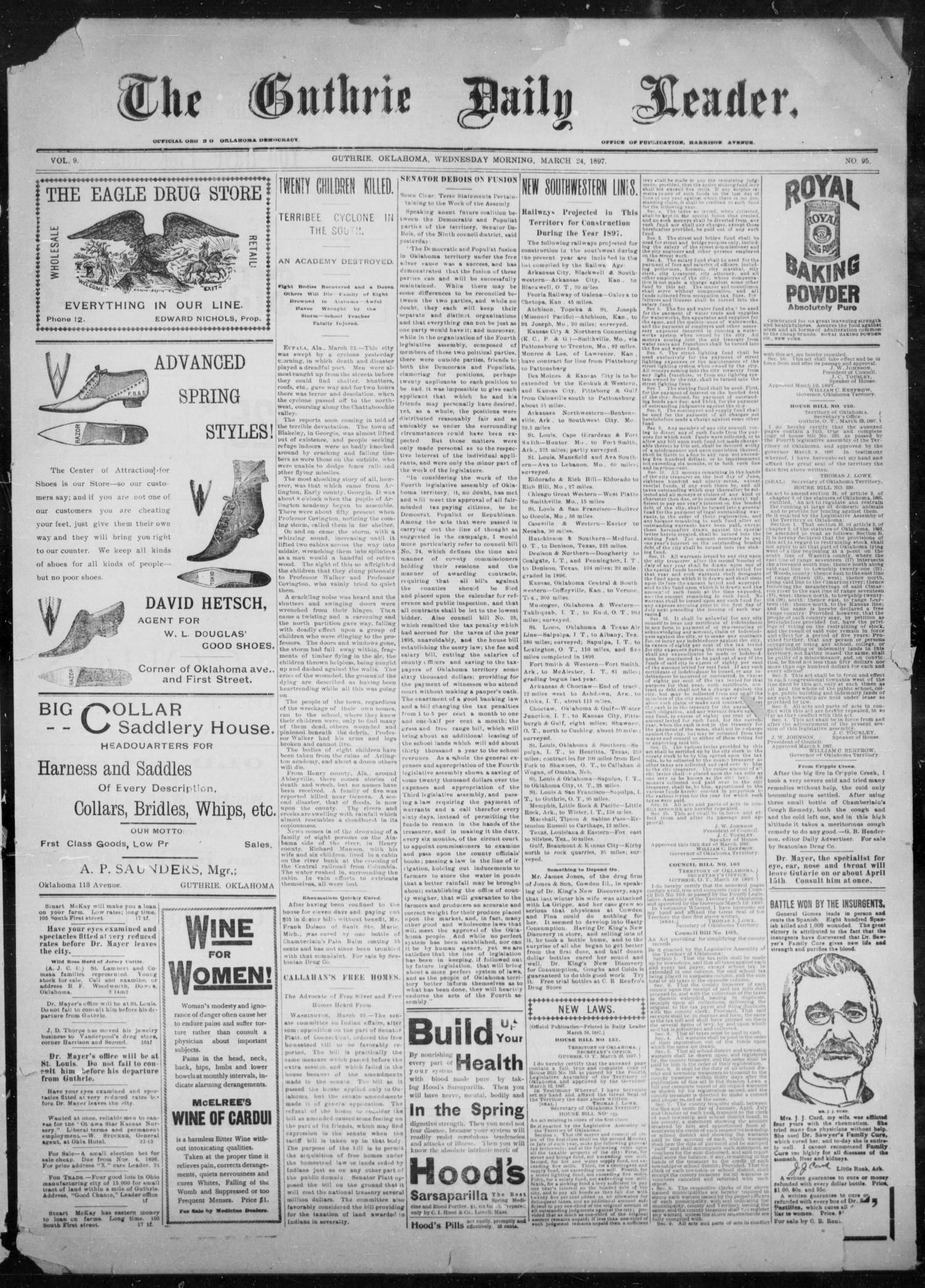 The Guthrie Daily Leader. (Guthrie, Okla.), Vol. 9, No. 95, Ed. 1, Wednesday, March 24, 1897
                                                
                                                    [Sequence #]: 1 of 4
                                                